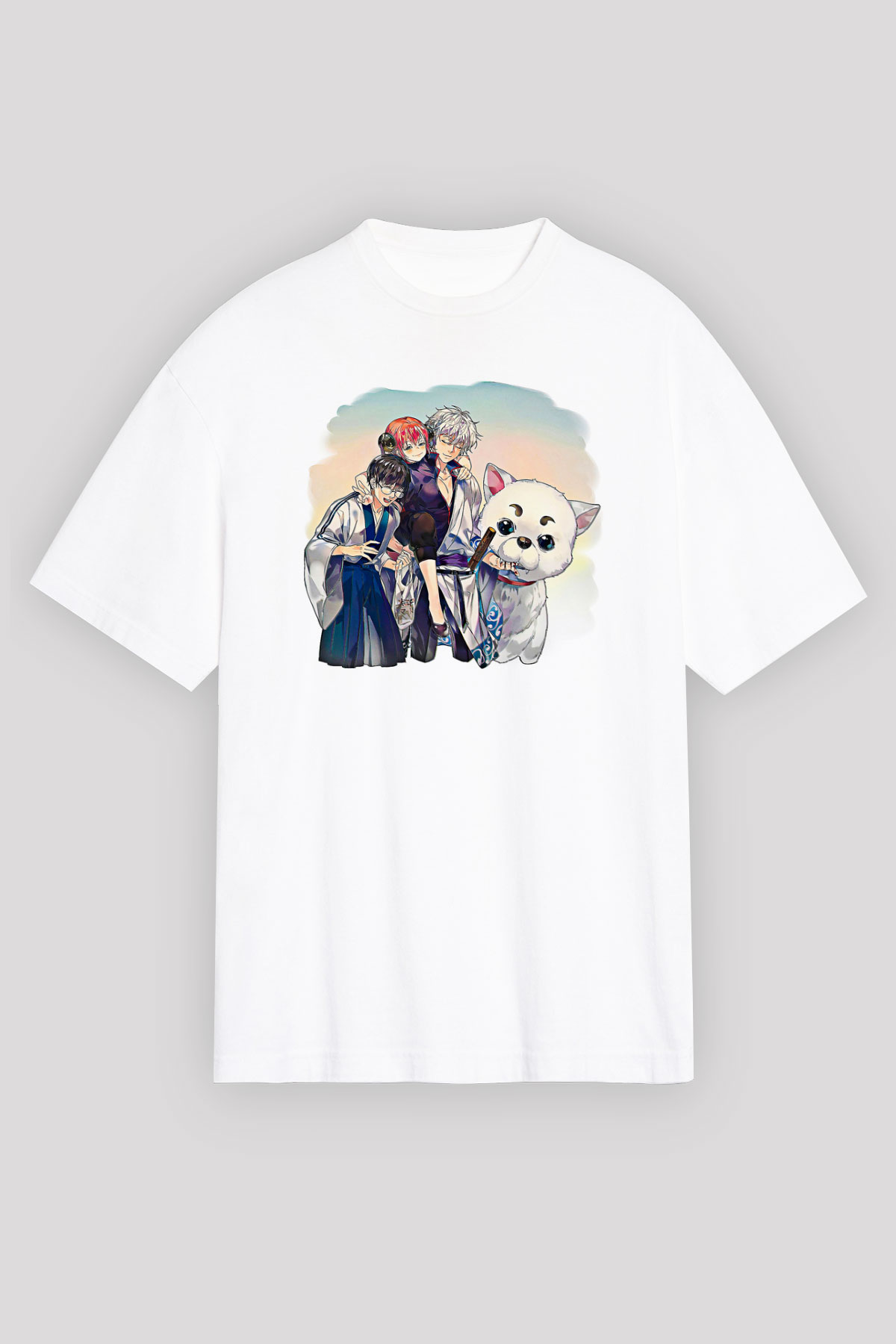 Gintama Baskılı Beyaz Unisex Oversize Tişört - Tshirt