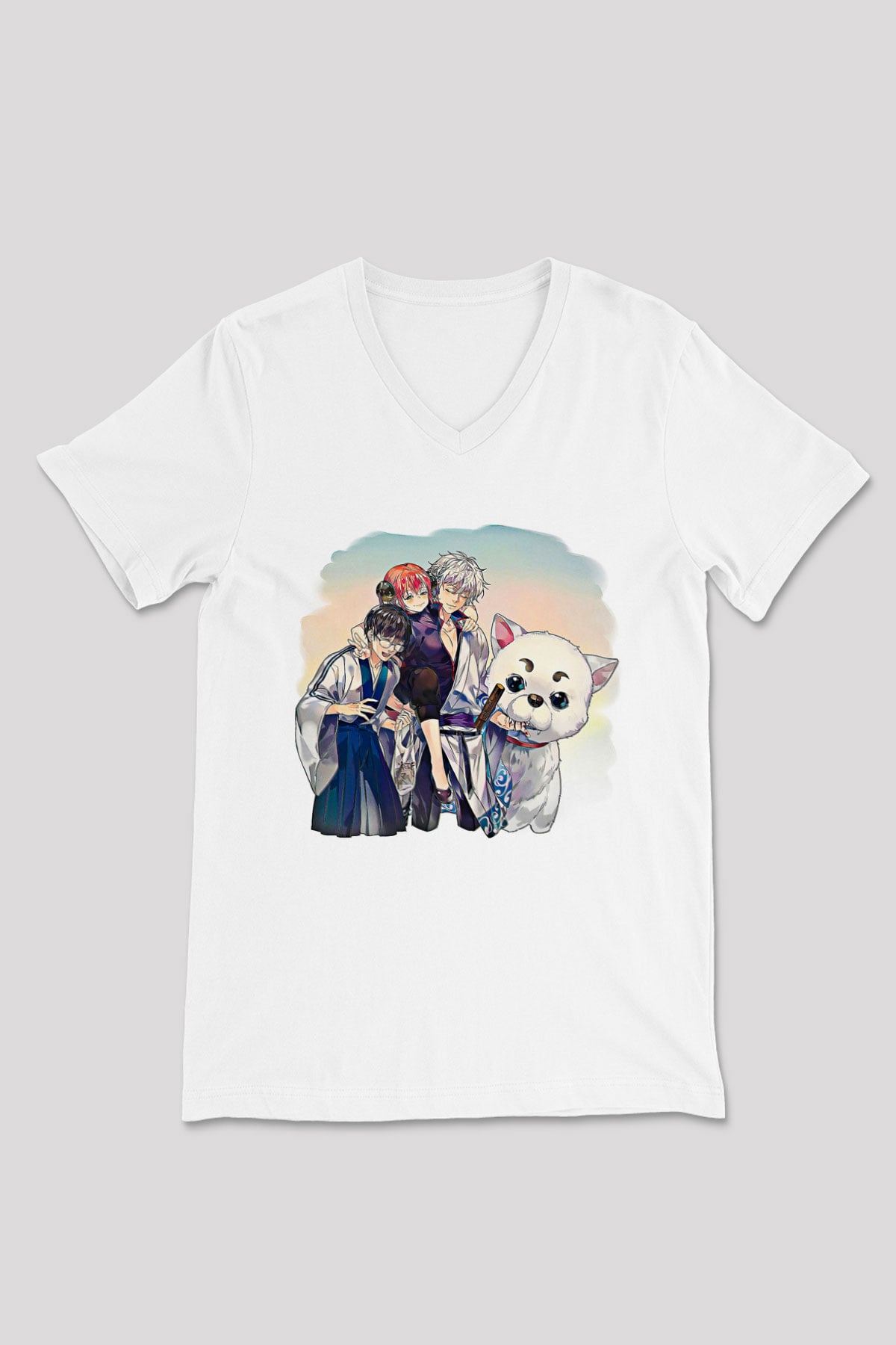 Gintama Baskılı Beyaz Unisex V Yaka Tişört - Tshirt