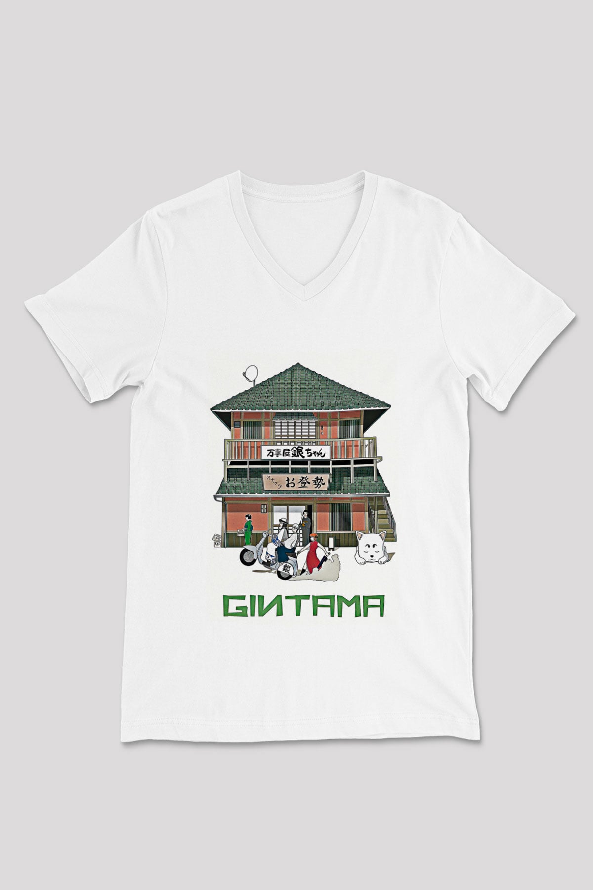 Gintama Baskılı Beyaz Unisex V Yaka Tişört - Tshirt