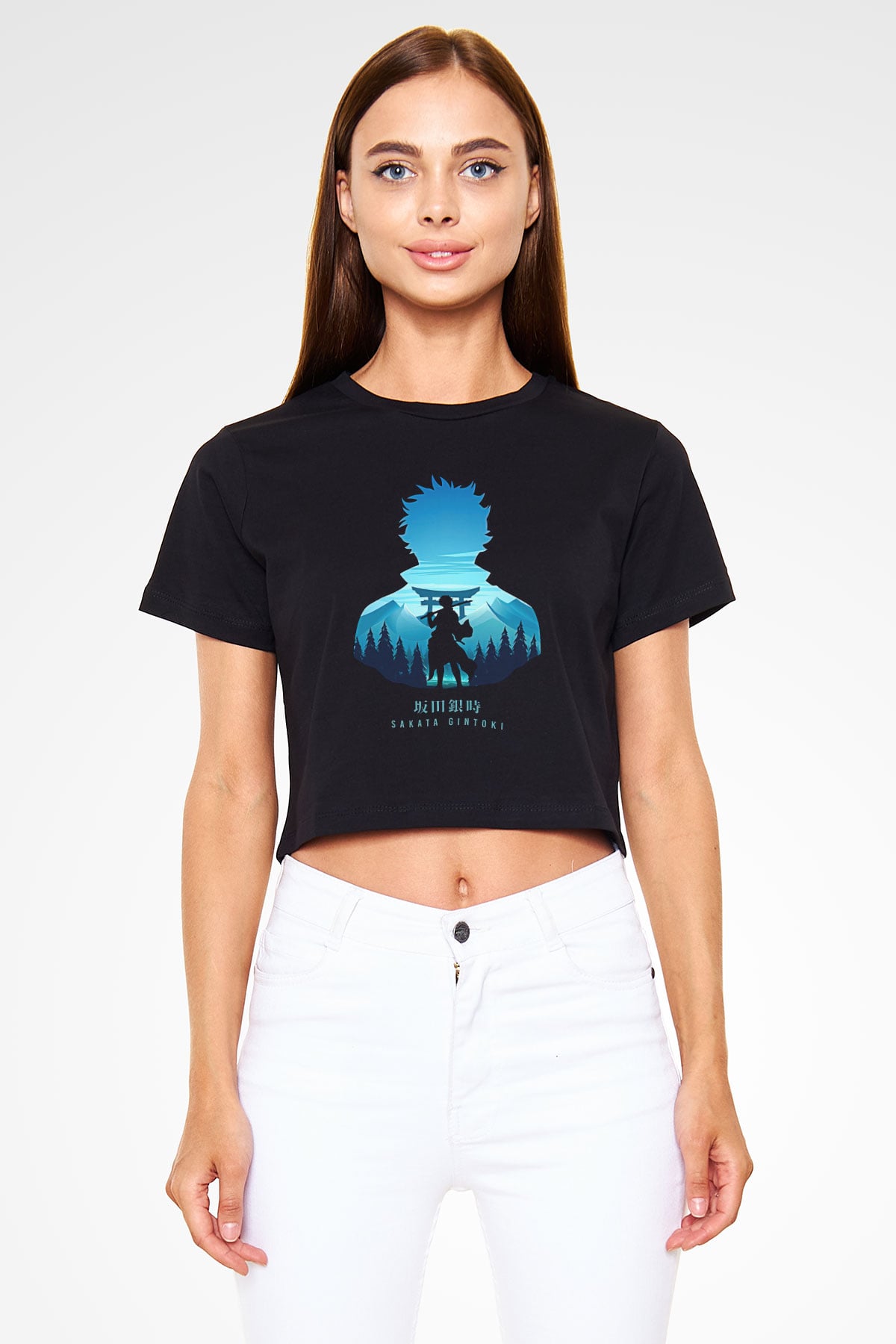 Gintama Baskılı Siyah Crop Top Kadın Tişört - Tshirt