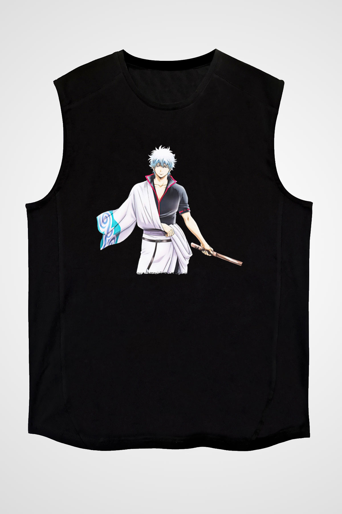 Gintama Baskılı Unisex Siyah Kolsuz Tişört - Tshirt