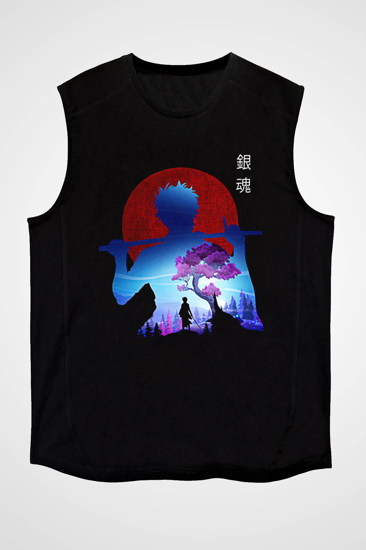 Gintama Baskılı Unisex Siyah Kolsuz Tişört - Tshirt