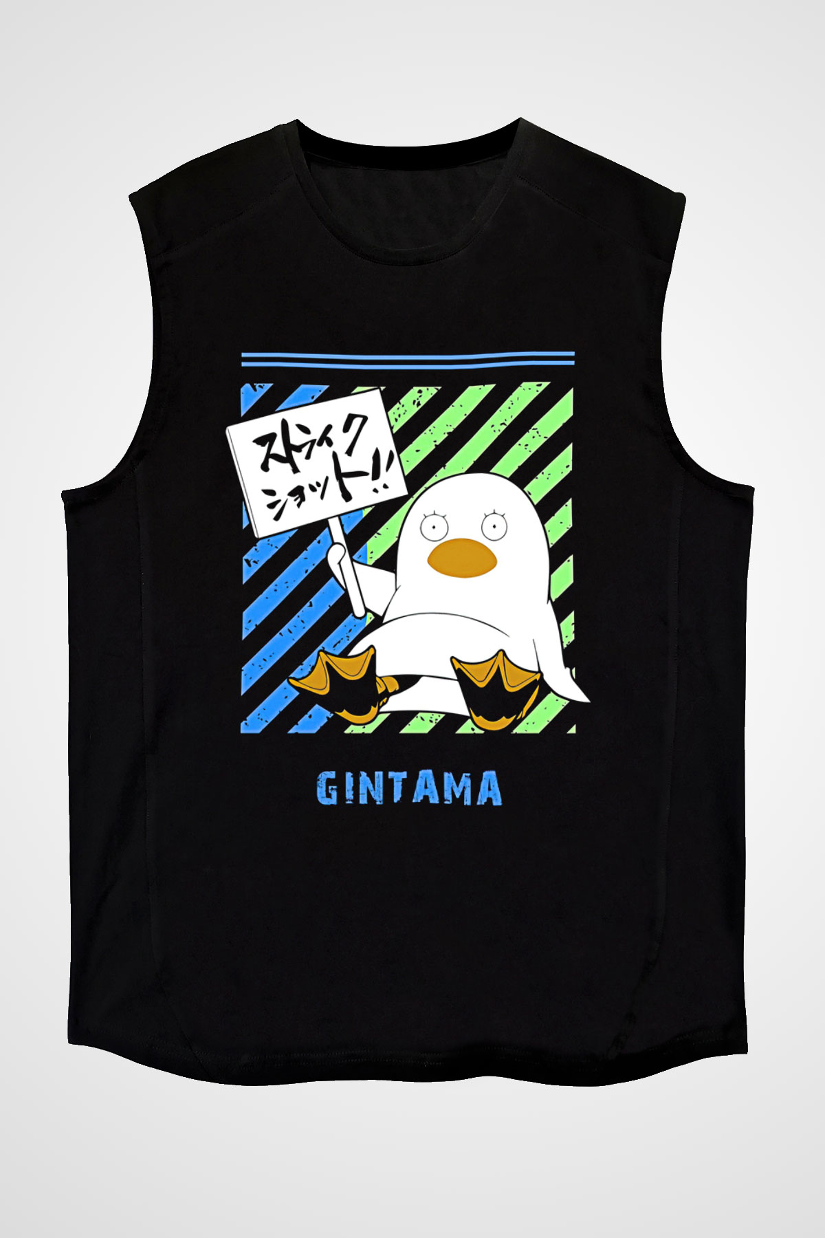Gintama Baskılı Unisex Siyah Kolsuz Tişört - Tshirt