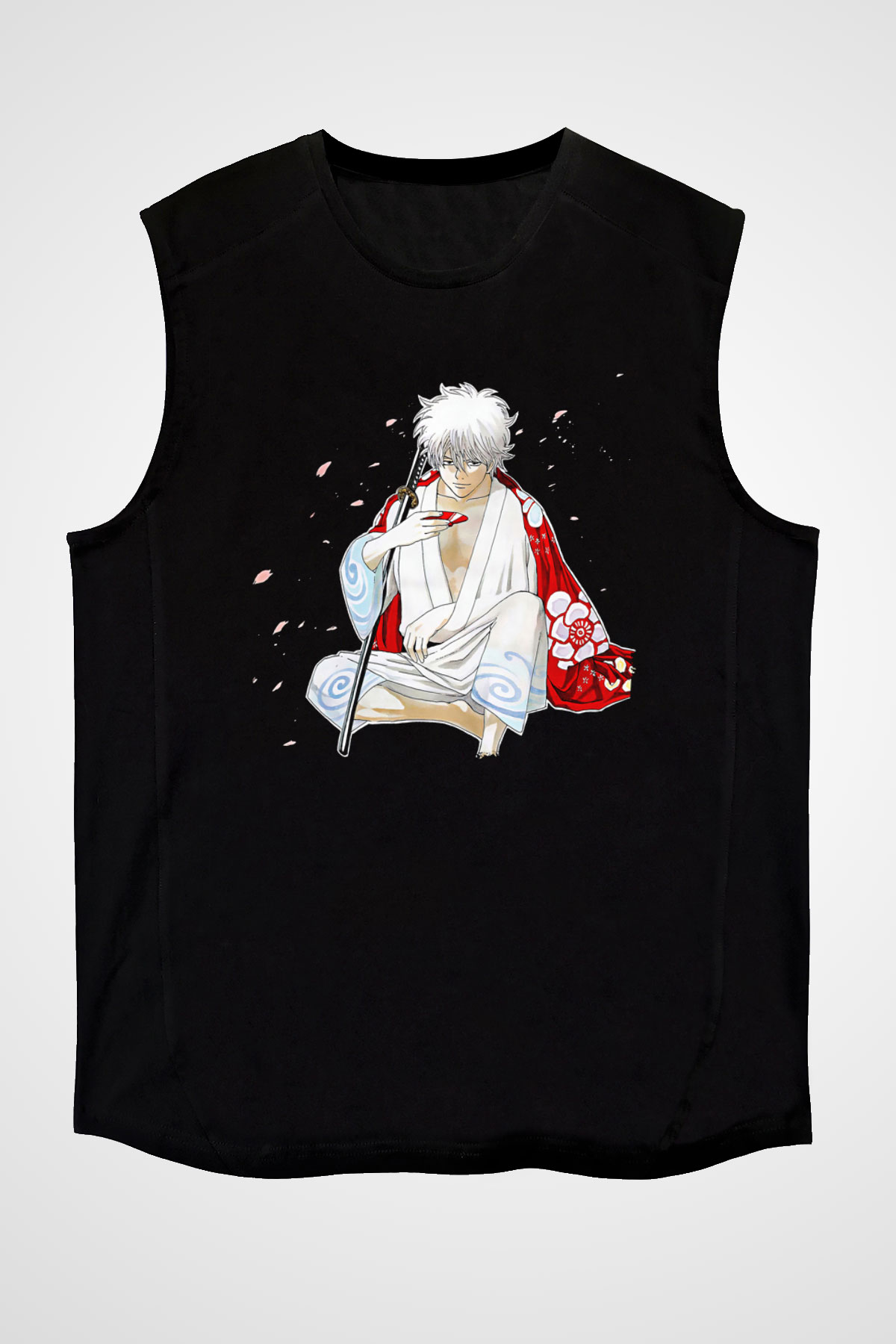 Gintama Baskılı Unisex Siyah Kolsuz Tişört - Tshirt