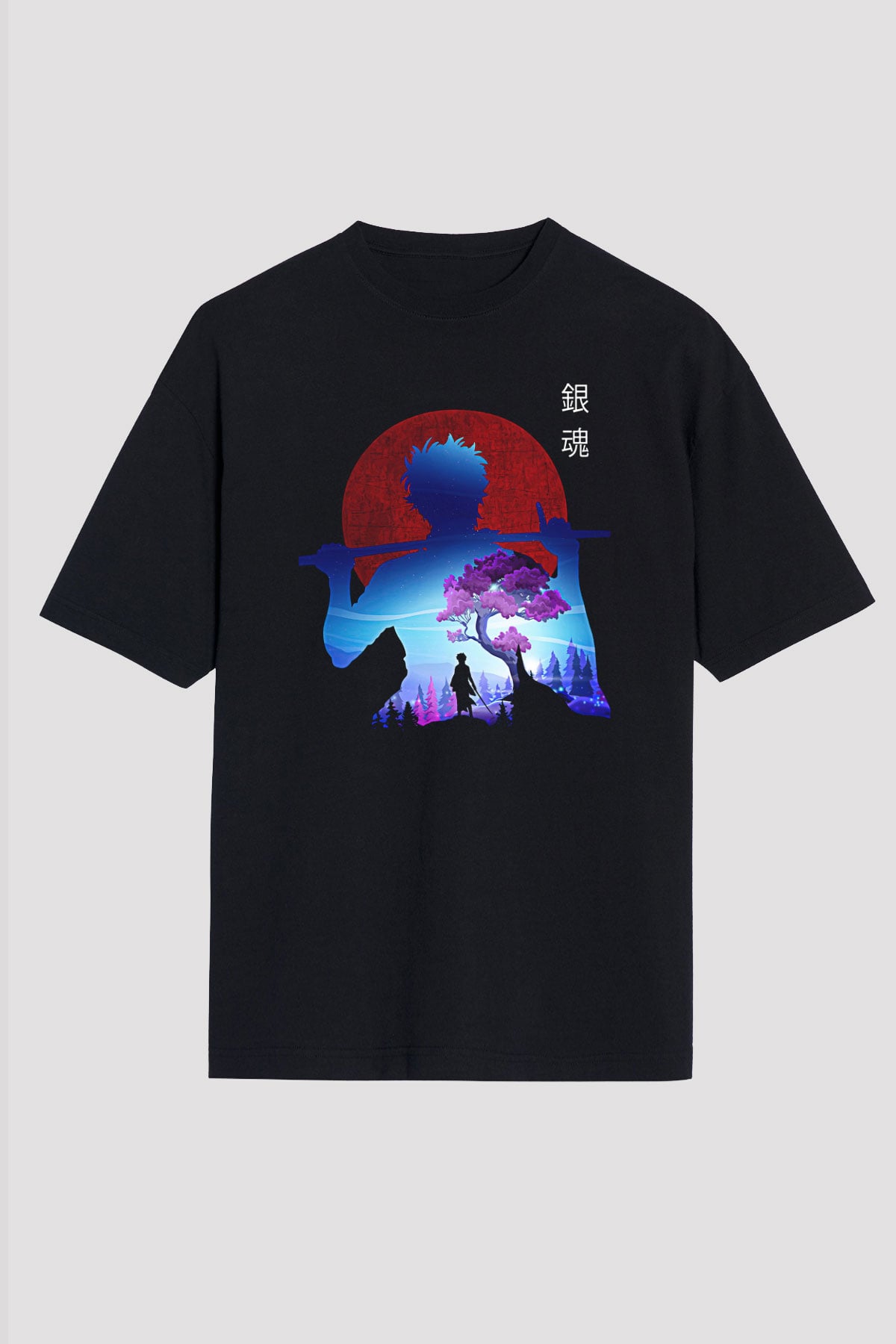 Gintama Baskılı Unisex Siyah Oversize Tişört - Tshirt