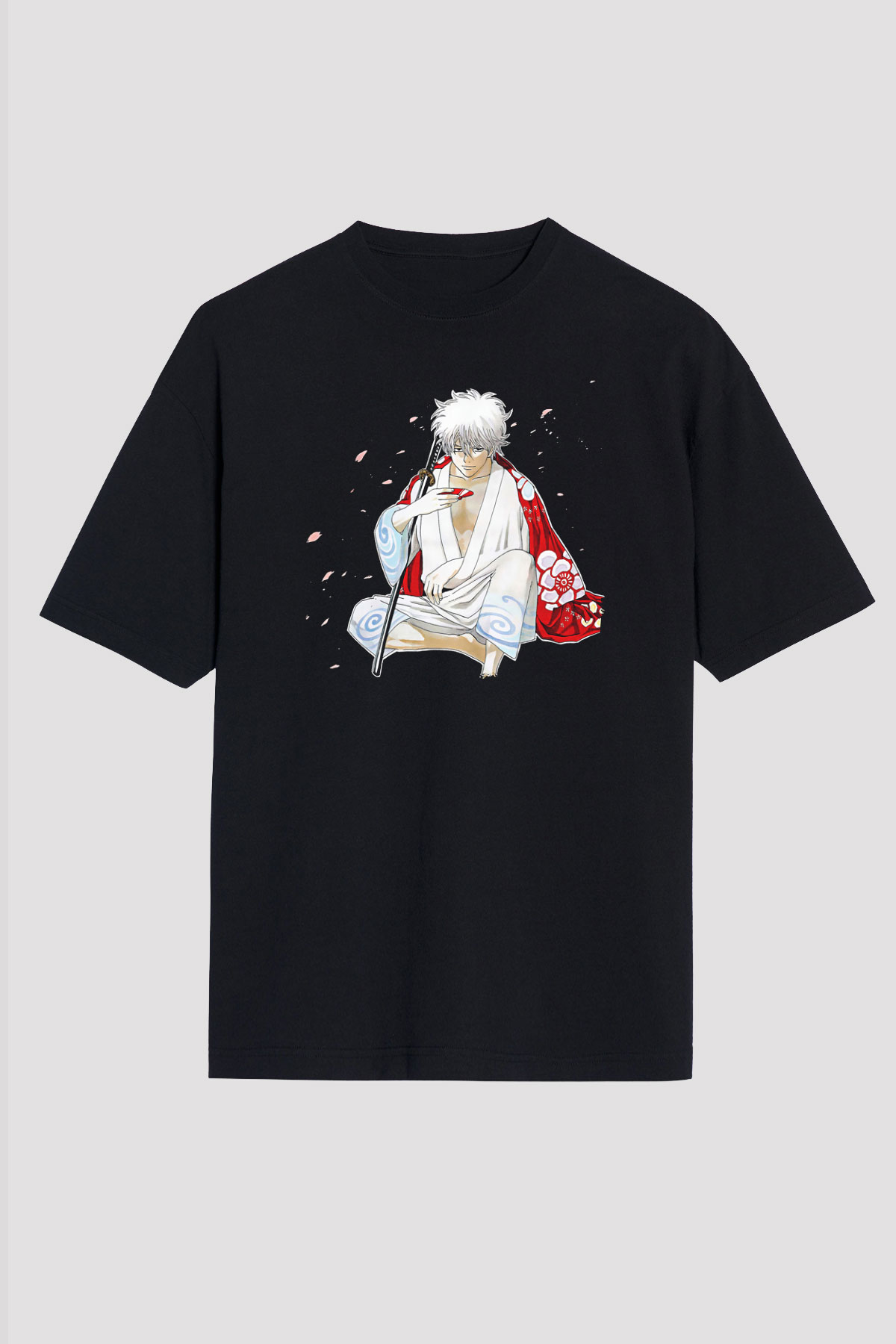 Gintama Baskılı Unisex Siyah Oversize Tişört - Tshirt