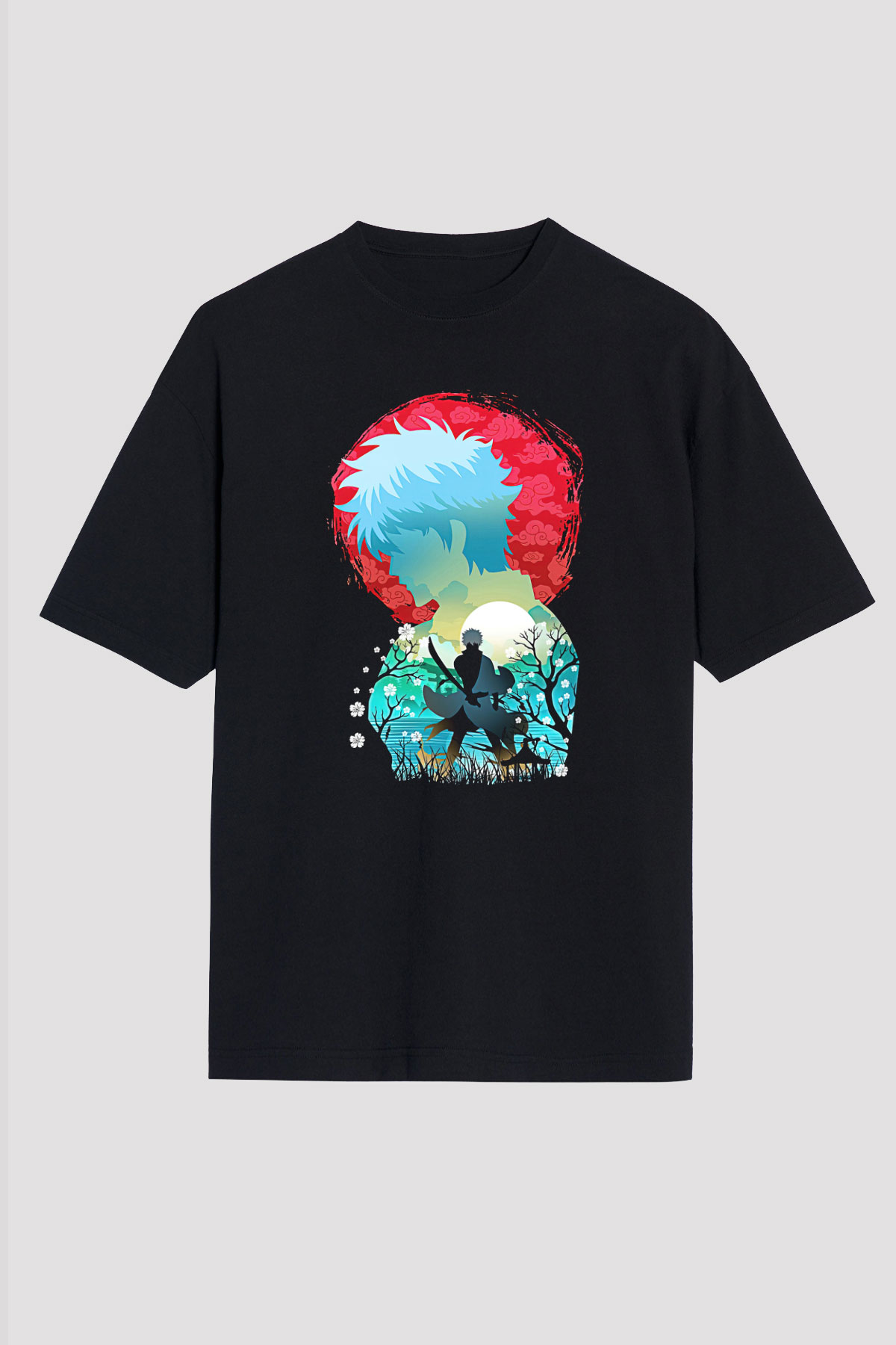 Gintama Baskılı Unisex Siyah Oversize Tişört - Tshirt