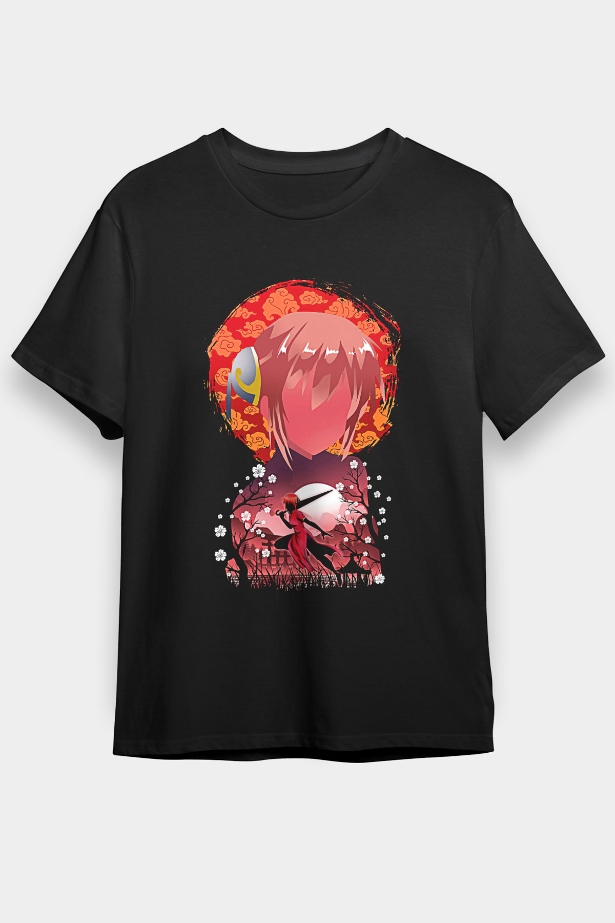 Gintama Baskılı Unisex Siyah Tişört - Tshirt