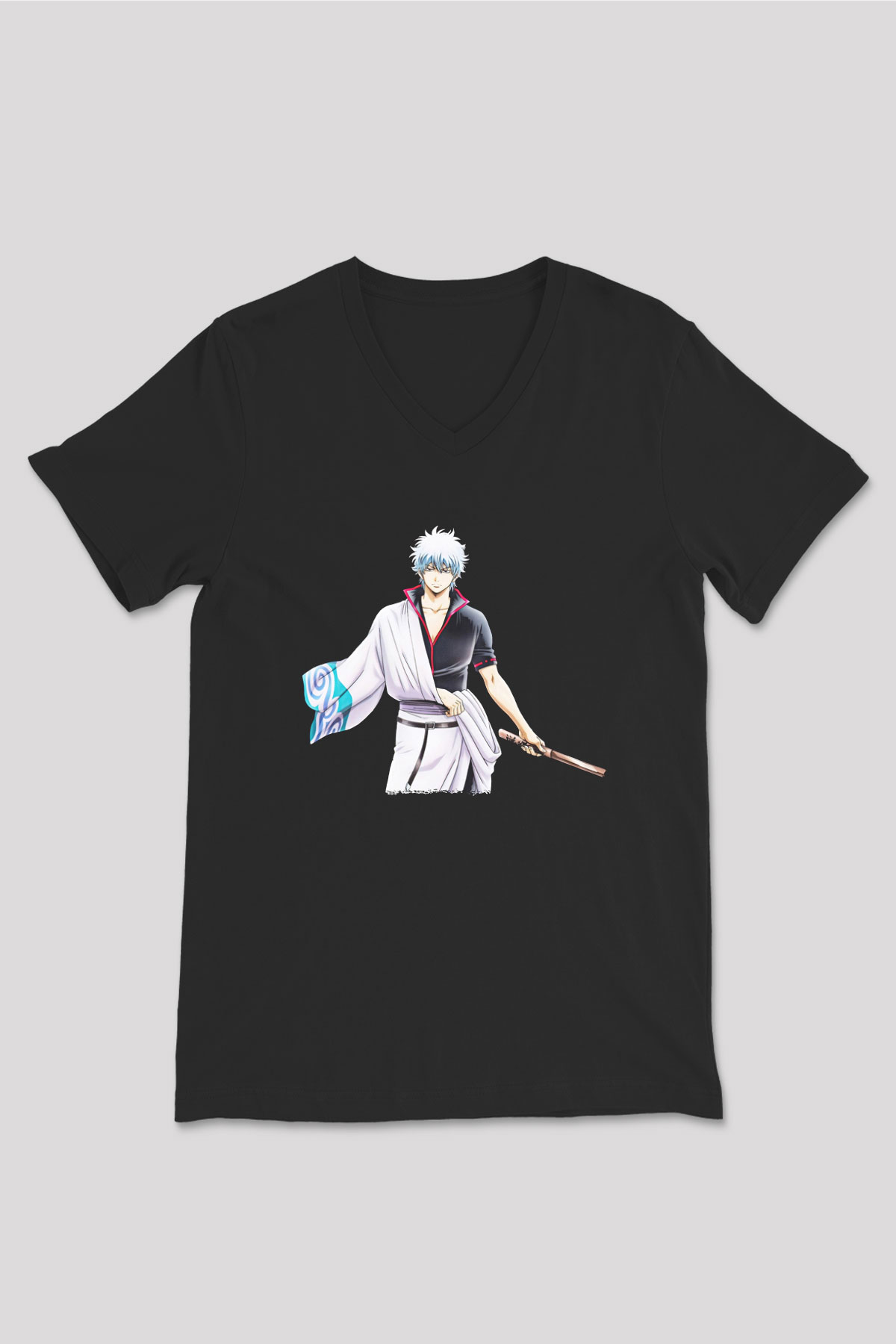 Gintama Baskılı Unisex Siyah V Yaka Tişört - Tshirt
