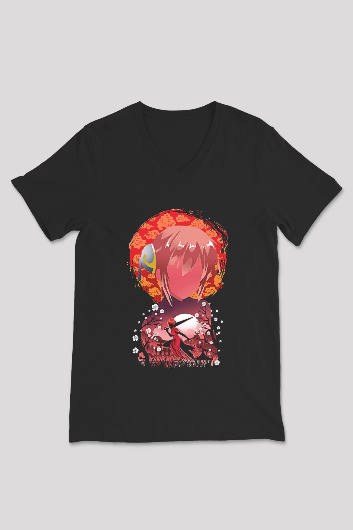 Gintama Baskılı Unisex Siyah V Yaka Tişört - Tshirt