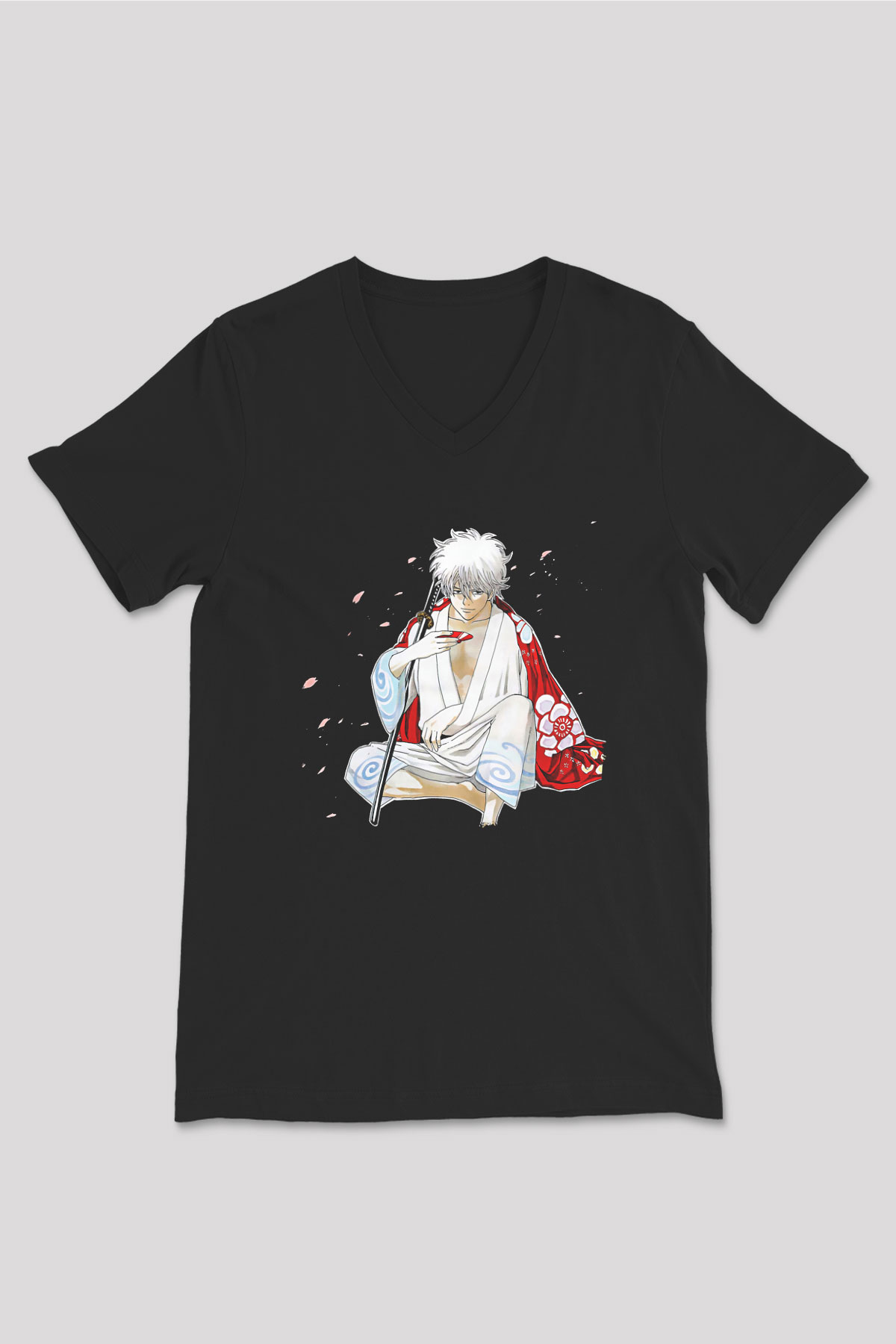 Gintama Baskılı Unisex Siyah V Yaka Tişört - Tshirt