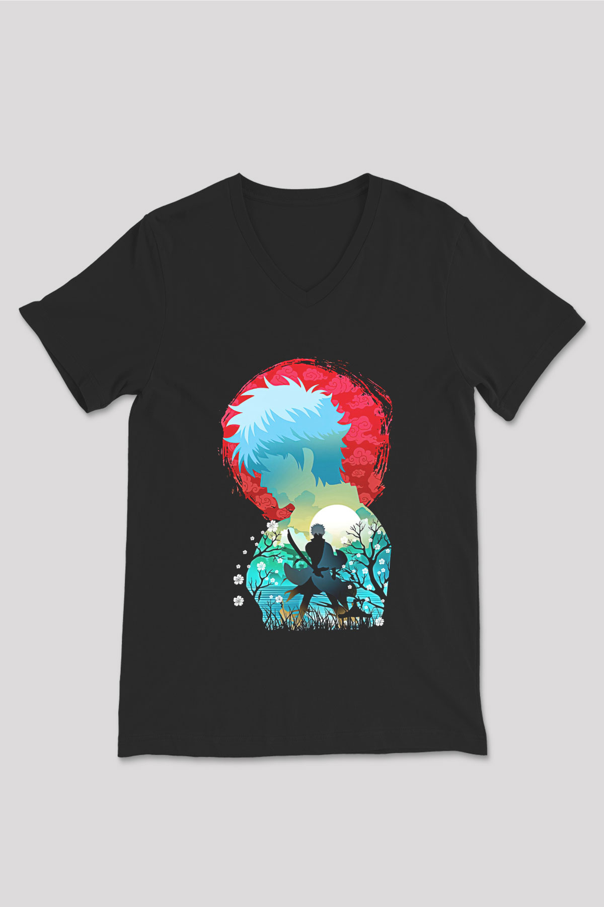 Gintama Baskılı Unisex Siyah V Yaka Tişört - Tshirt