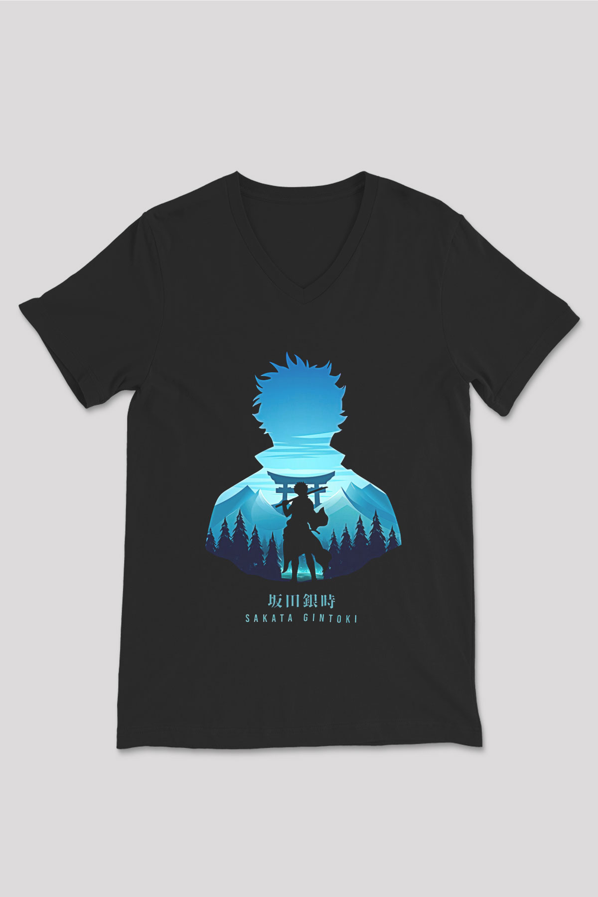 Gintama Baskılı Unisex Siyah V Yaka Tişört - Tshirt