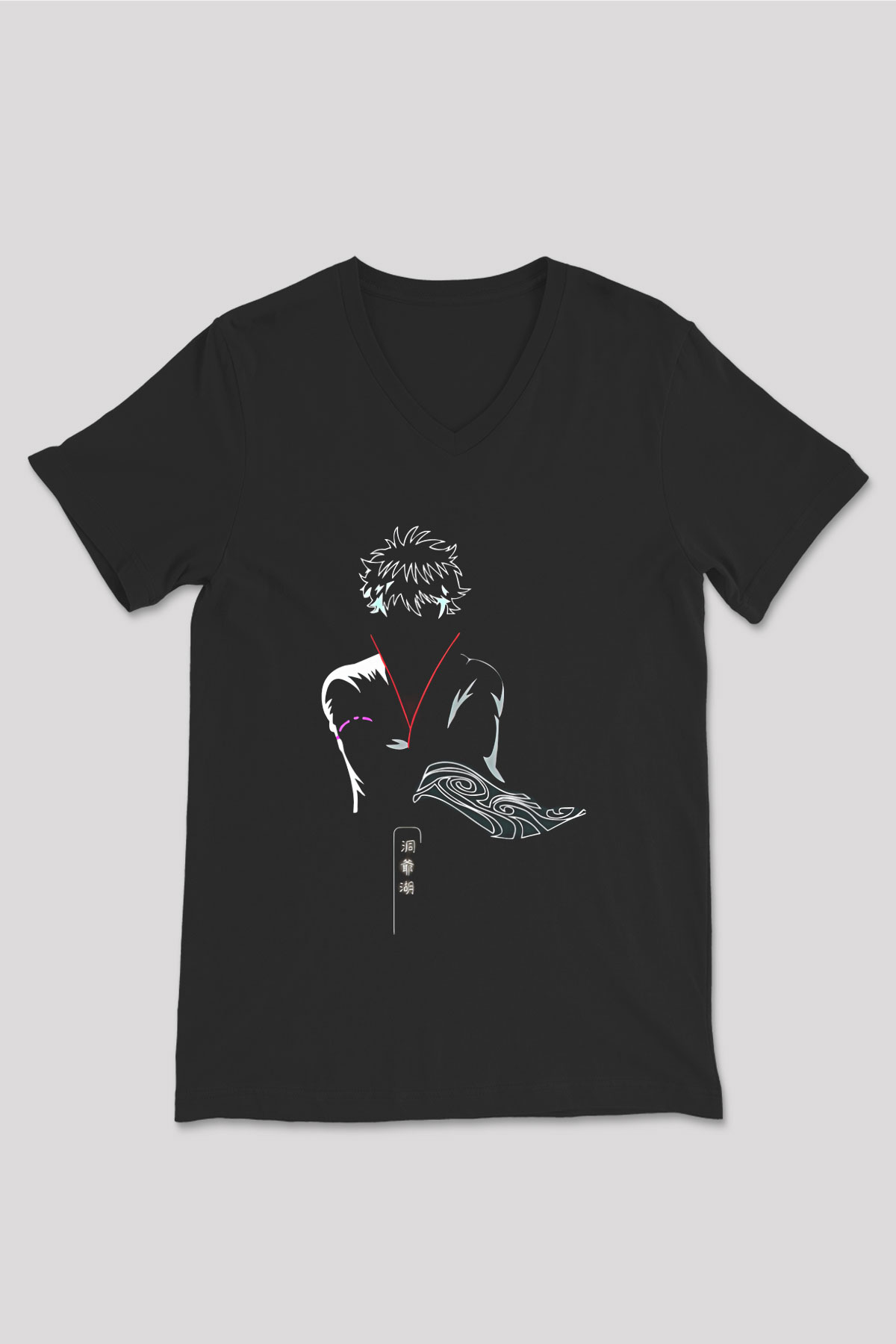 Gintama Baskılı Unisex Siyah V Yaka Tişört - Tshirt