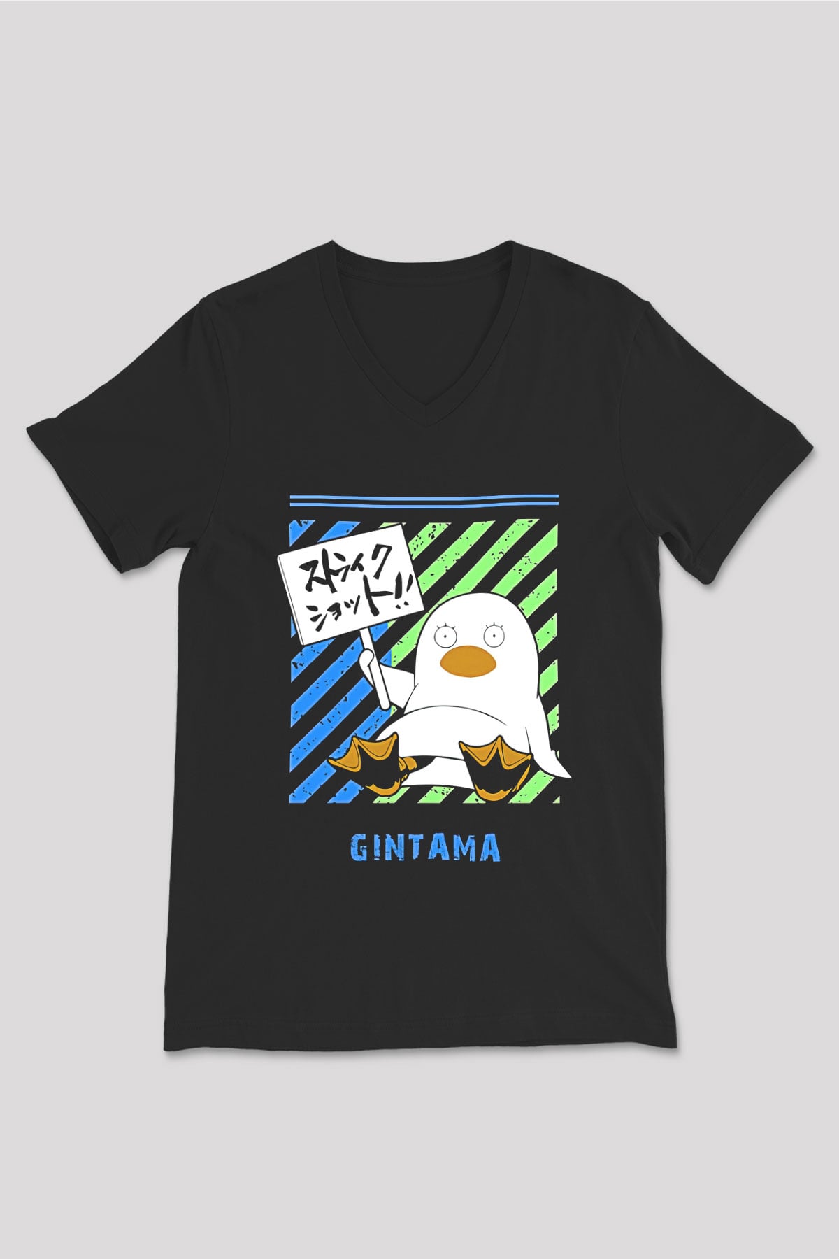 Gintama Baskılı Unisex Siyah V Yaka Tişört - Tshirt
