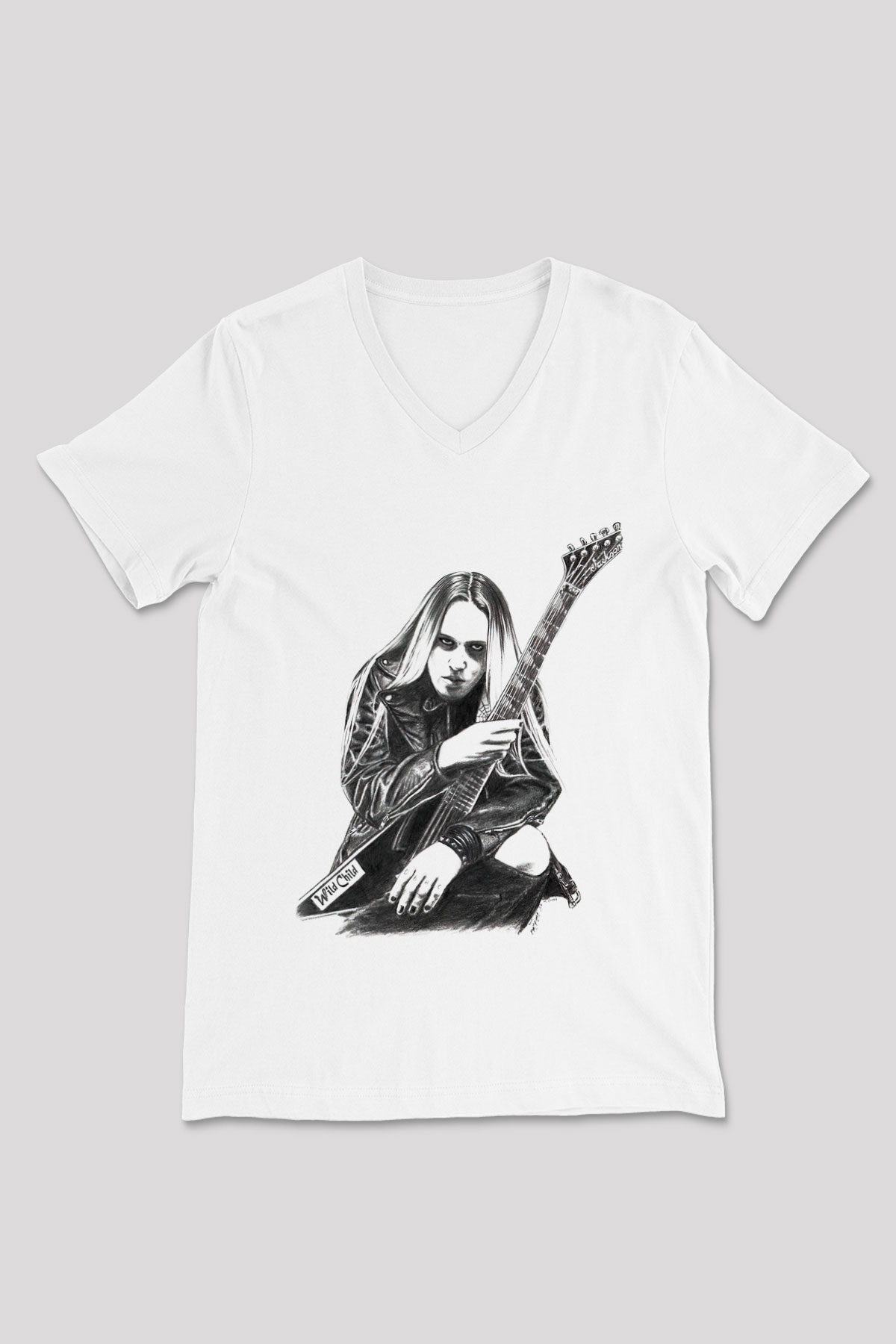 Gitarist Beyaz Unisex V Yaka Tişört