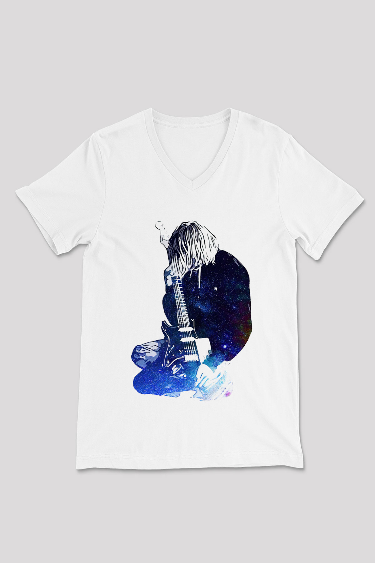 Gitarist Beyaz Unisex V Yaka Tişört