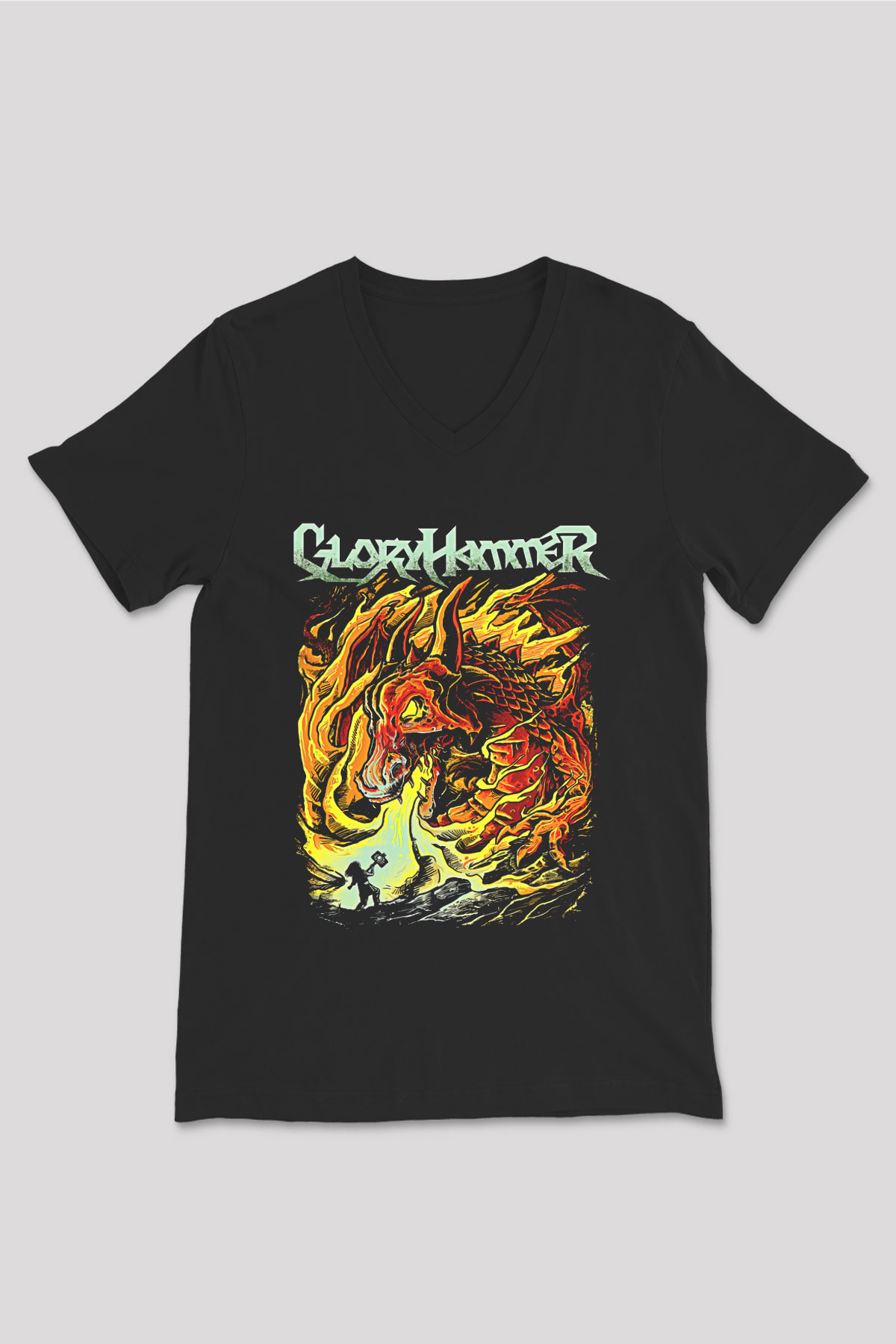 Gloryhammer Baskılı Unisex Siyah V Yaka Tişört - Tshirt
