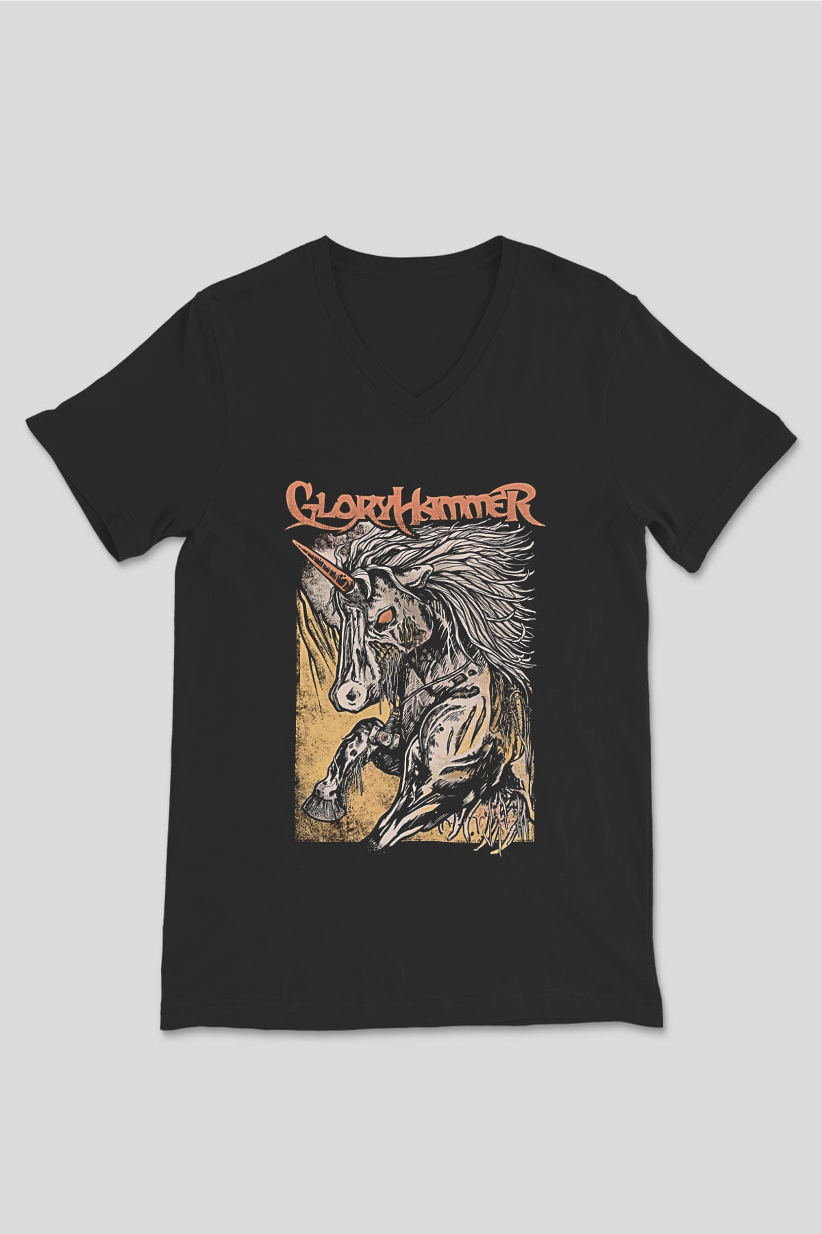 Gloryhammer Baskılı Unisex Siyah V Yaka Tişört - Tshirt