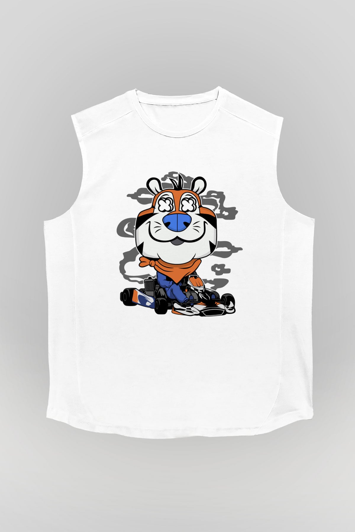 Go Kart Tony Baskılı Unisex Beyaz Kolsuz Tişört