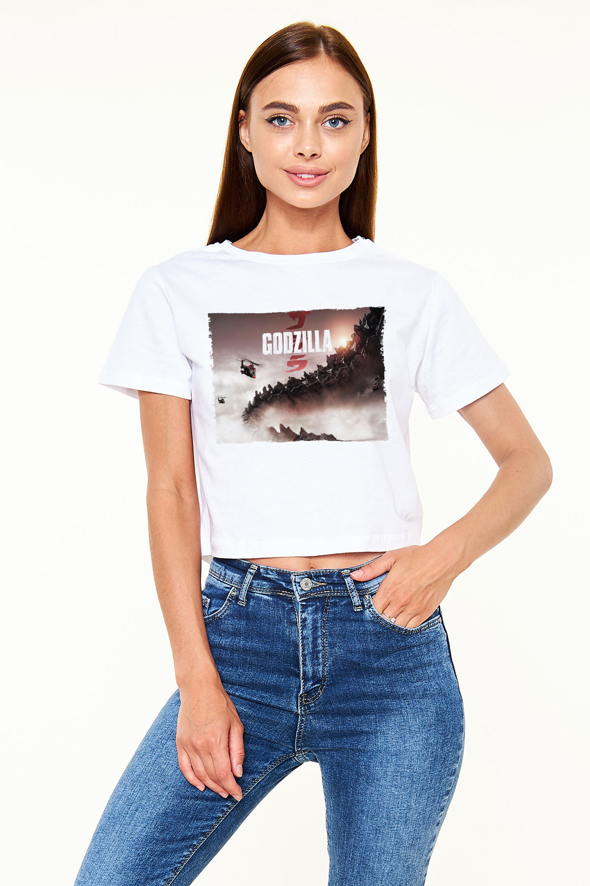 Godzilla Beyaz Croptop Tişört