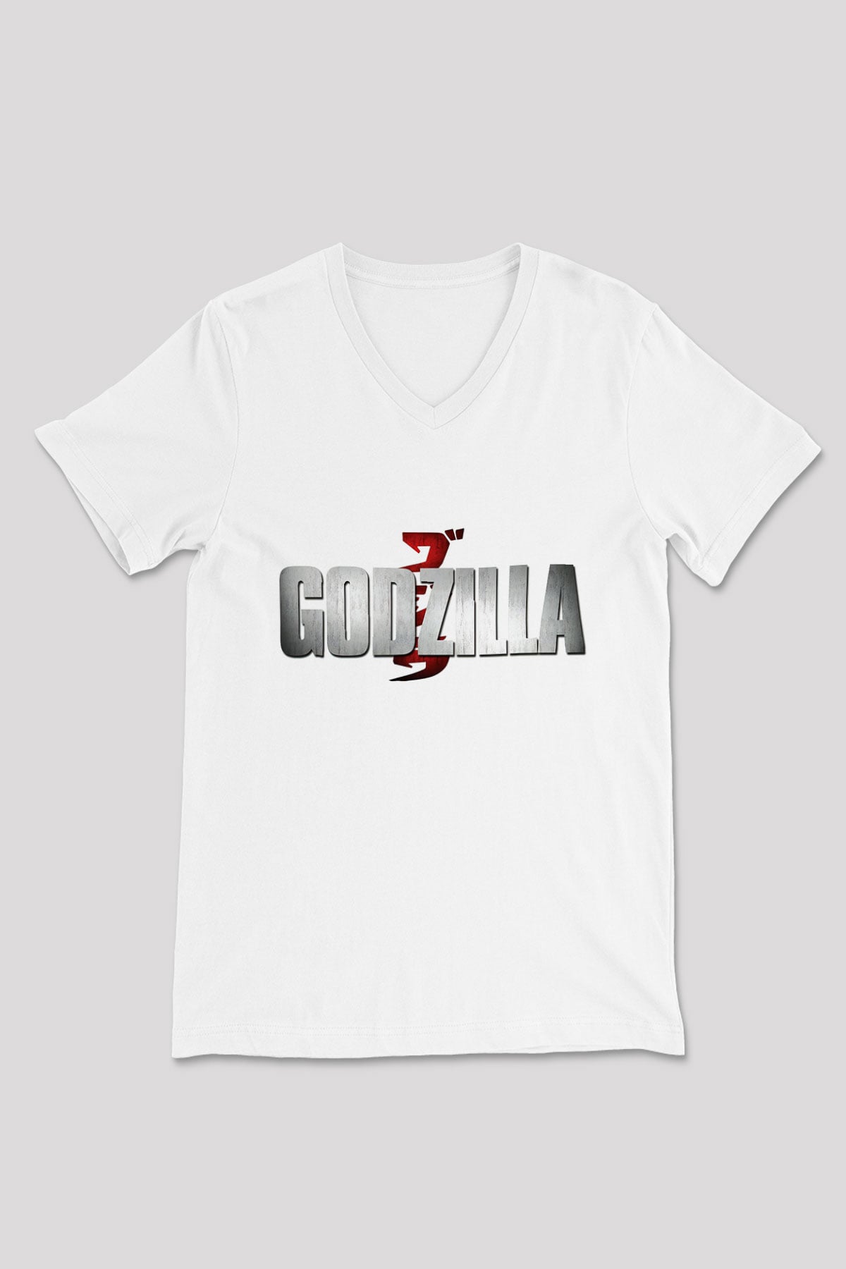 Godzilla Beyaz Unisex V Yaka Tişört T-Shirt