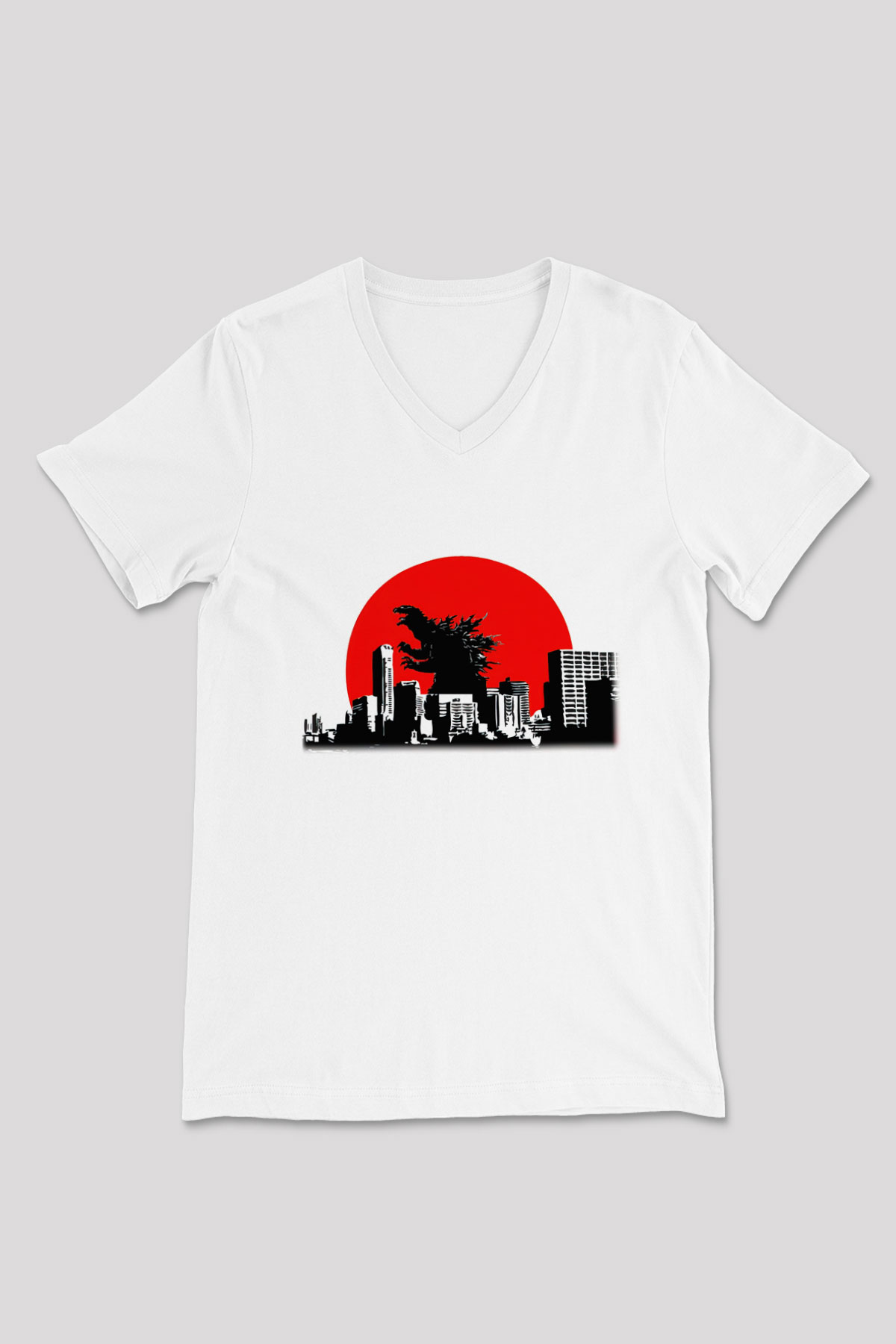 Godzilla Beyaz Unisex V Yaka Tişört T-Shirt