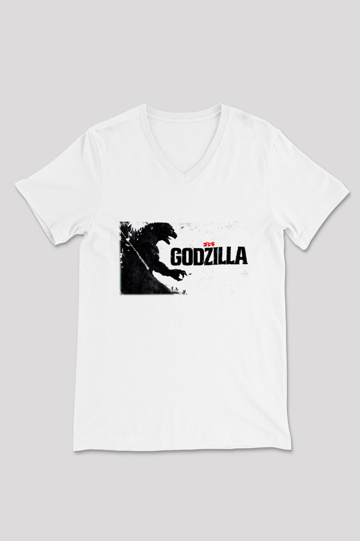 Godzilla Beyaz Unisex V Yaka Tişört T-Shirt