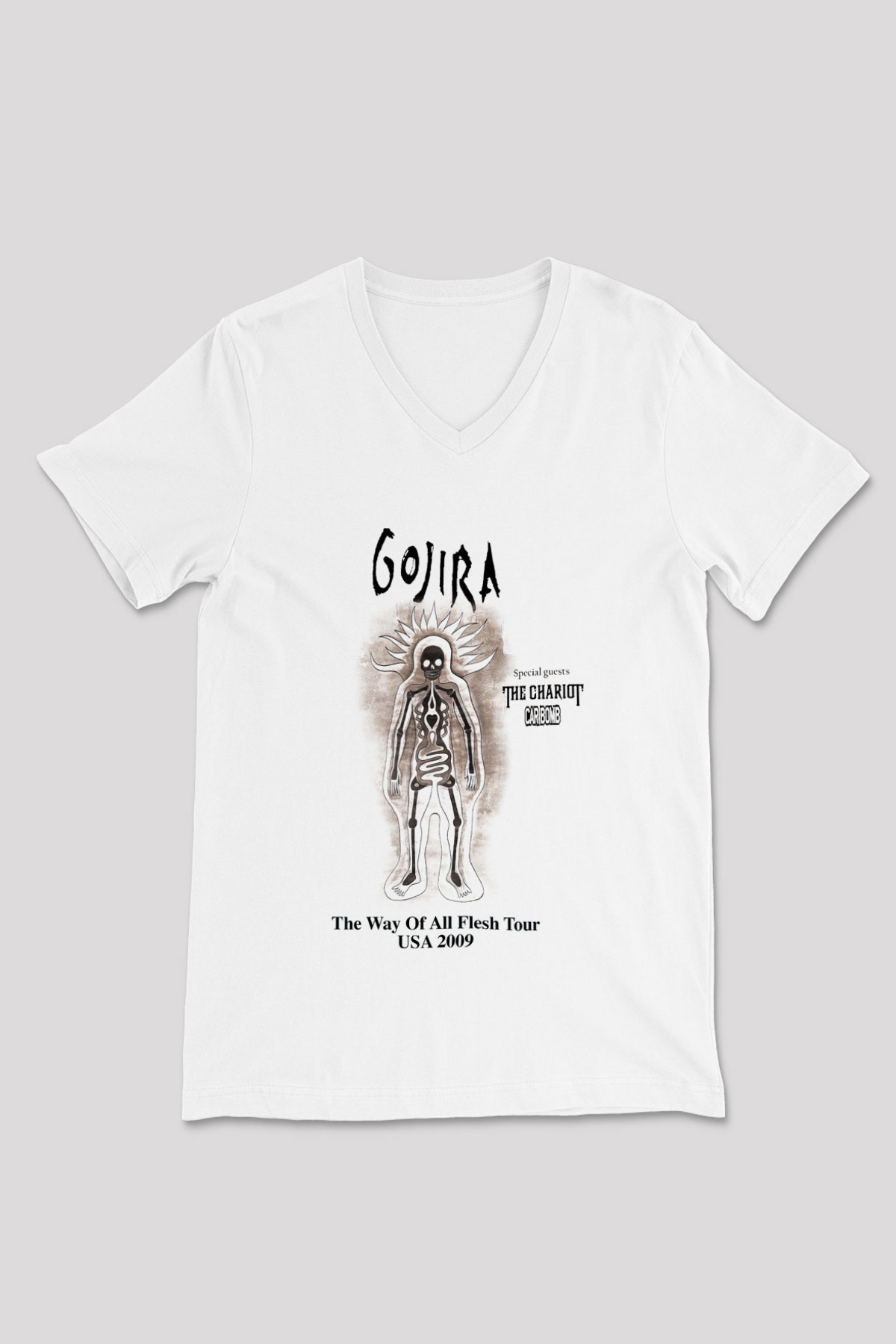 Gojira Beyaz Unisex V Yaka Tişört T-Shirt