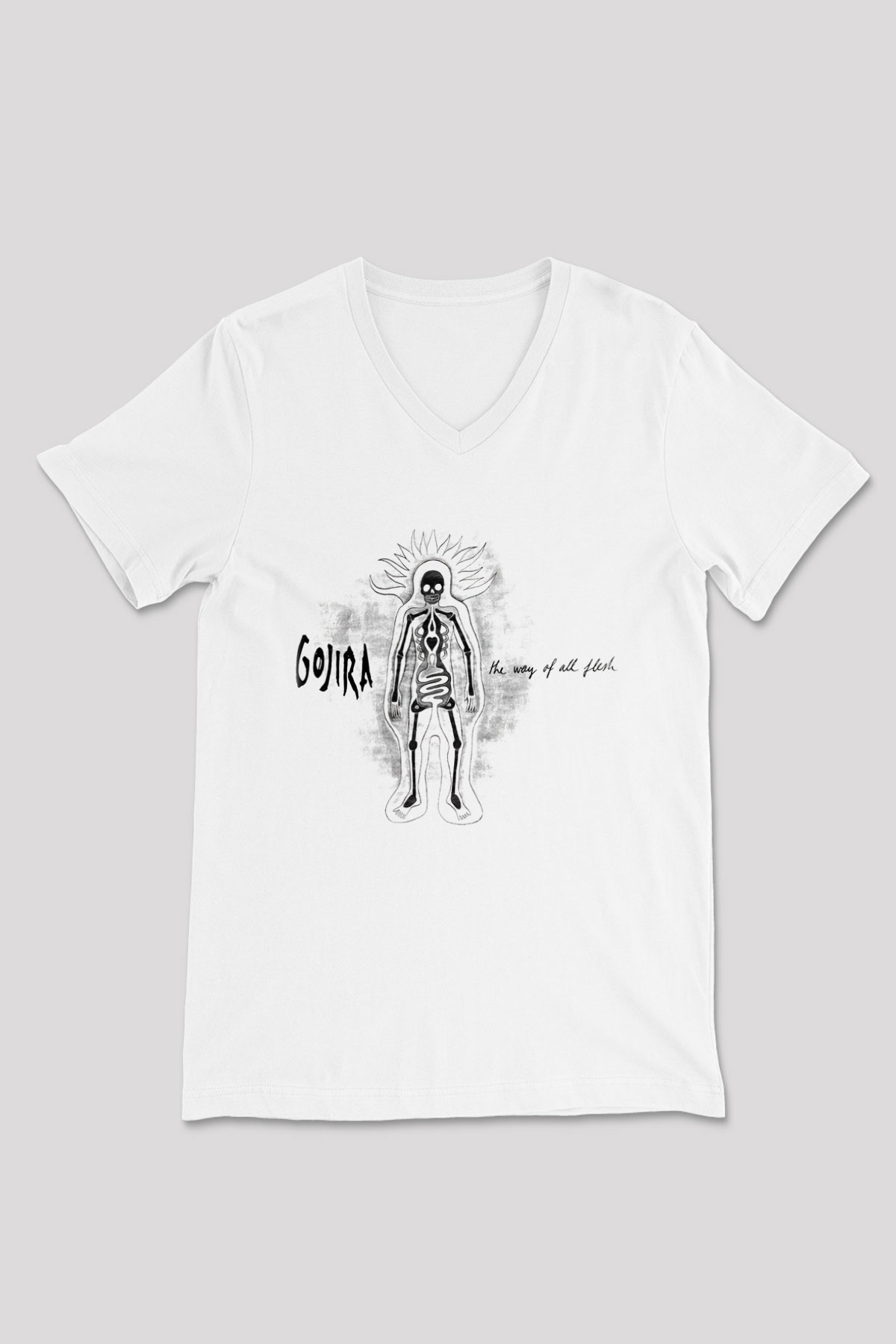 Gojira Beyaz Unisex V Yaka Tişört T-Shirt