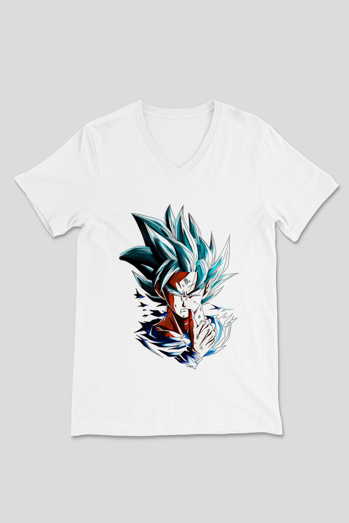 Goku Baskılı Beyaz Unisex V Yaka Tişört - Tshirt