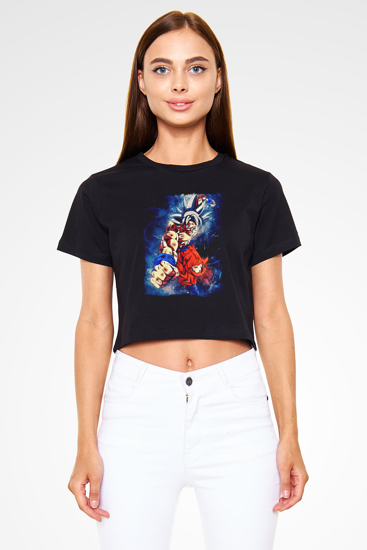 Goku Baskılı Siyah Crop Top Kadın Tişört - Tshirt