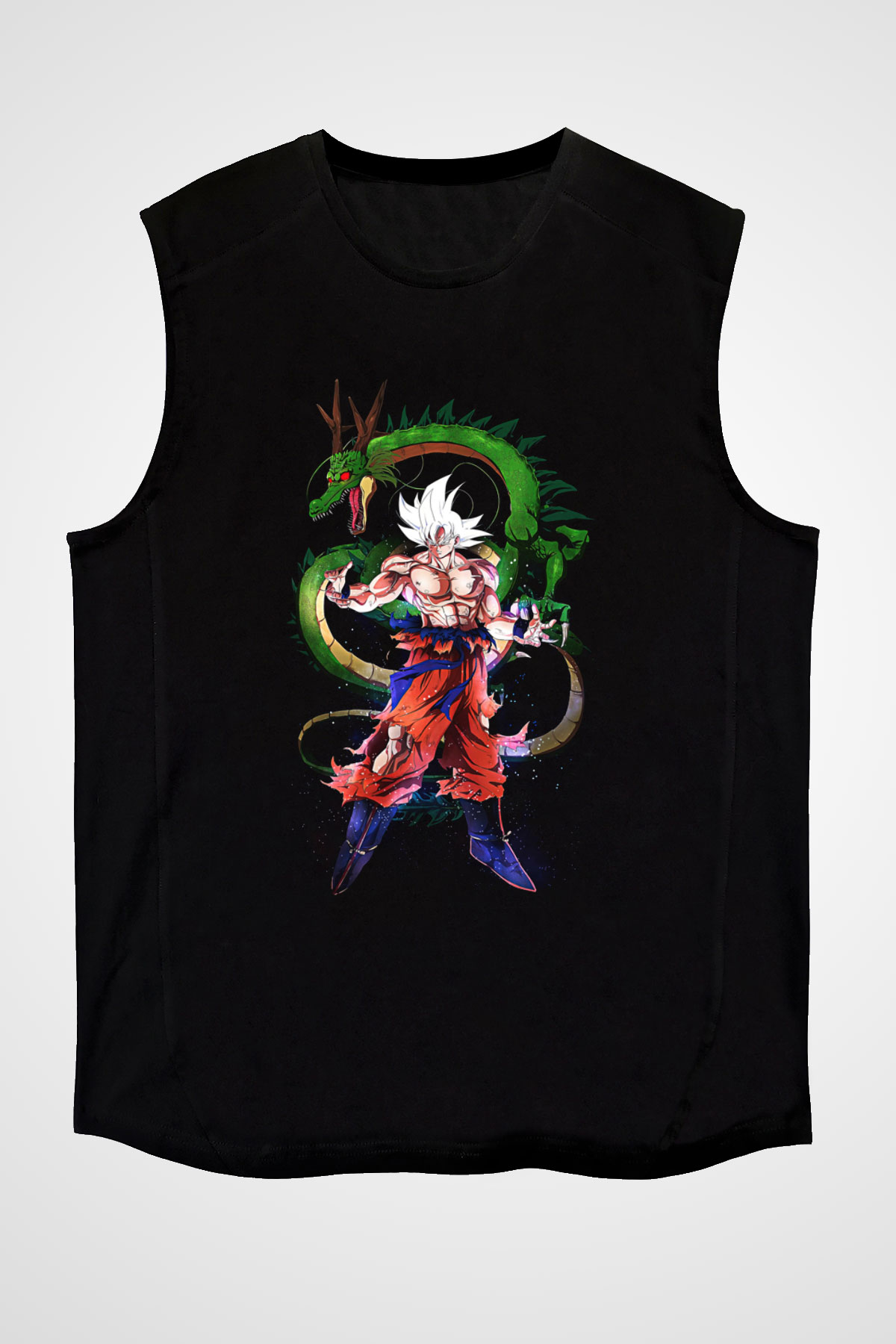 Goku Baskılı Unisex Siyah Kolsuz Tişört - Tshirt