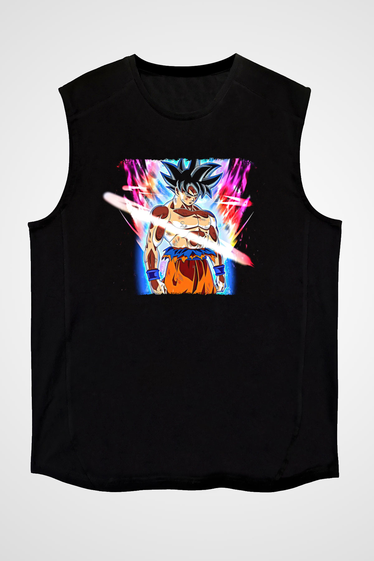 Goku Baskılı Unisex Siyah Kolsuz Tişört - Tshirt