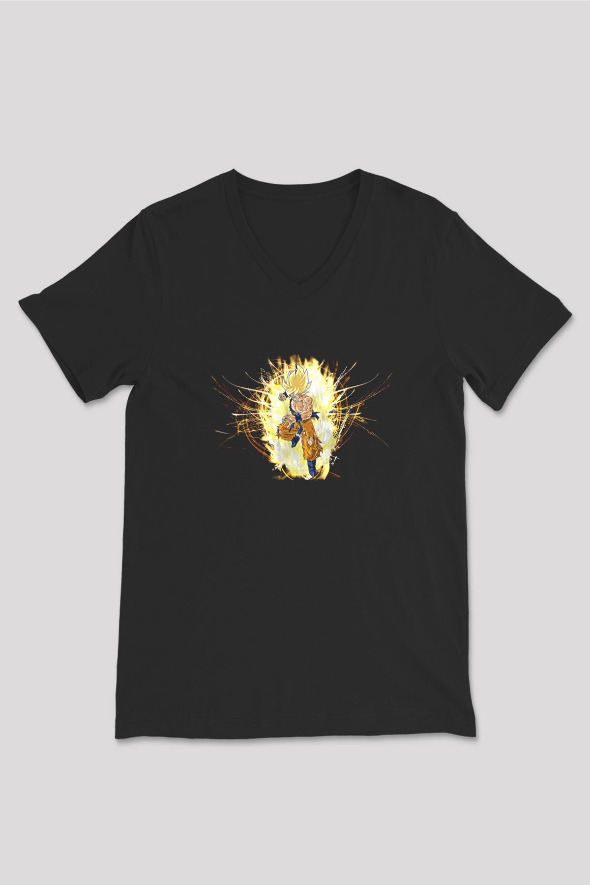 Goku Baskılı Unisex Siyah V Yaka Tişört - Tshirt