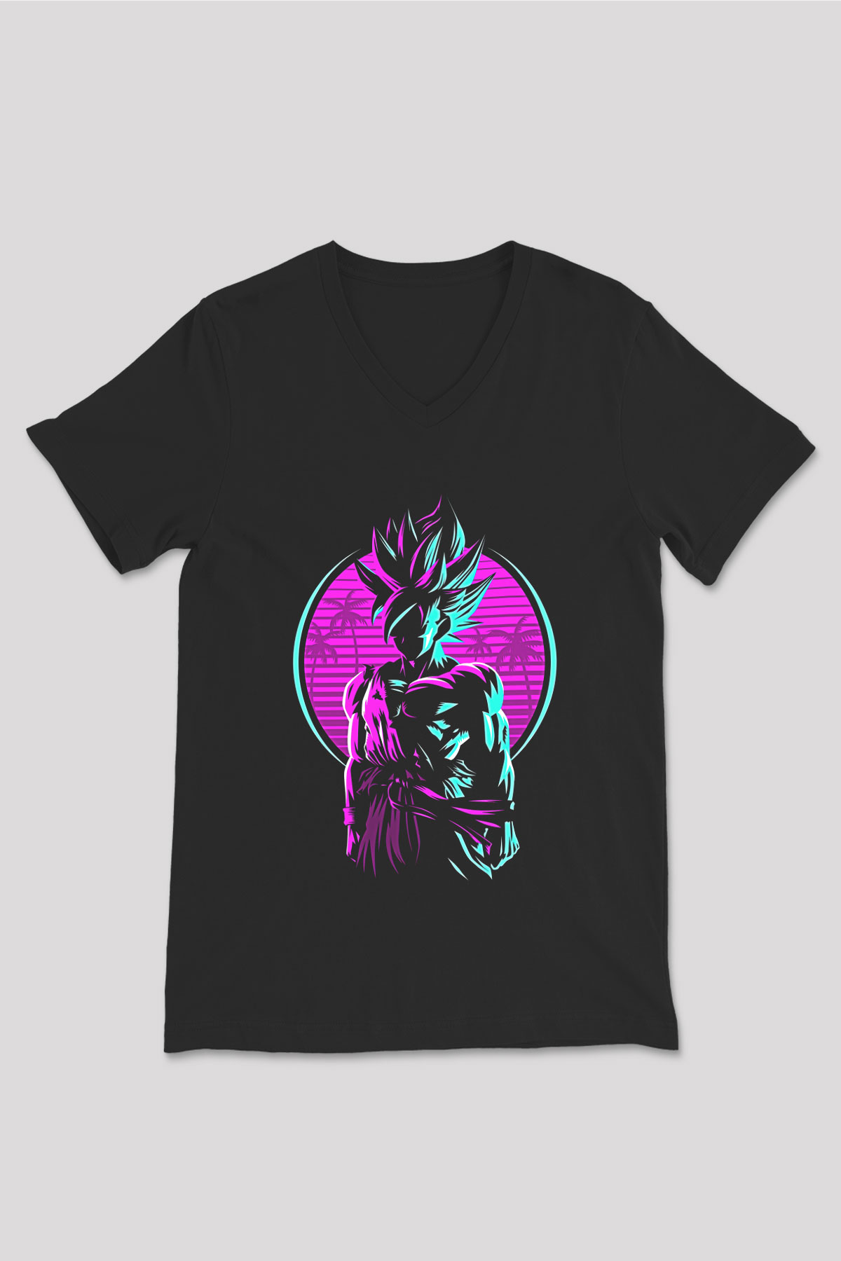 Goku Baskılı Unisex Siyah V Yaka Tişört - Tshirt