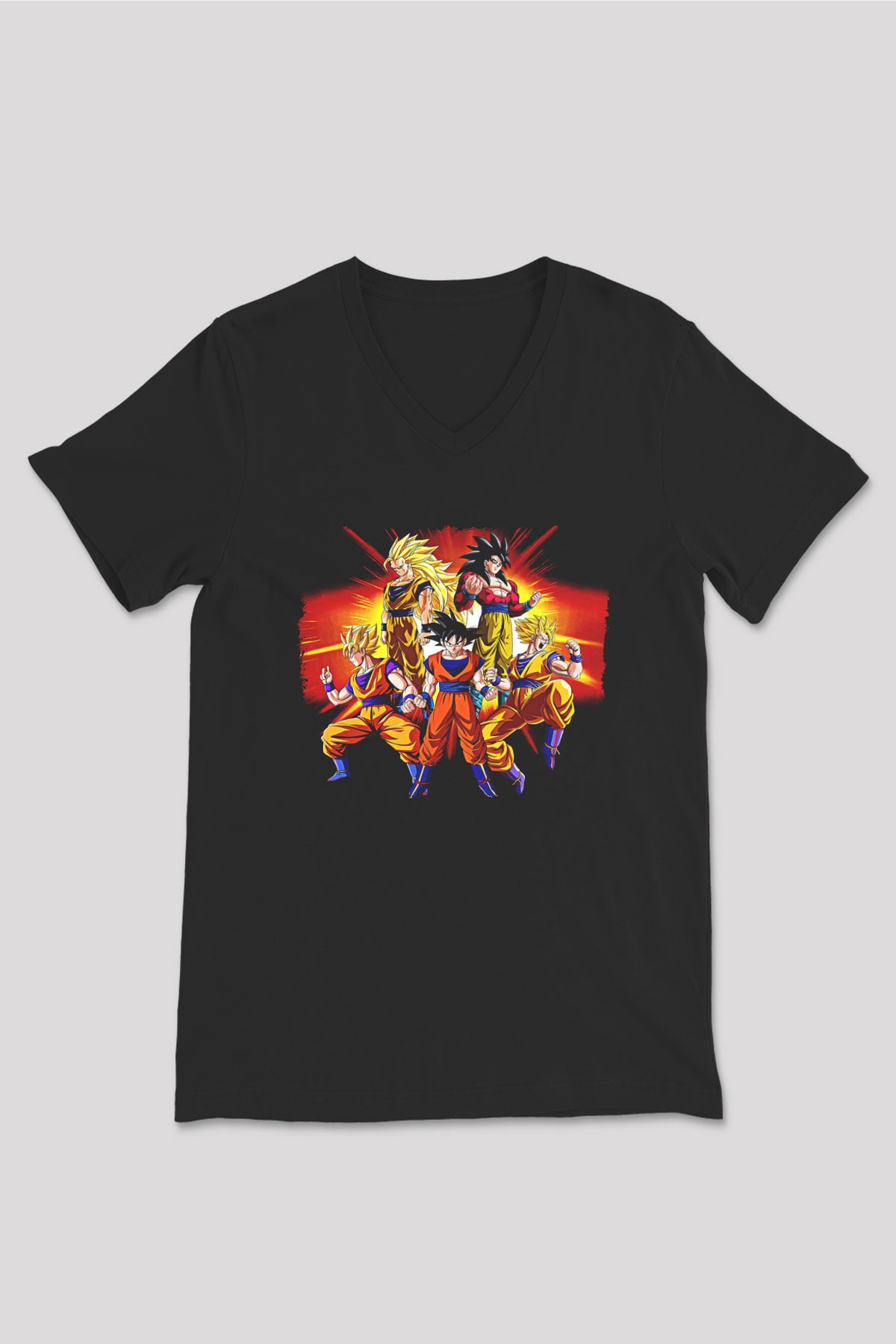 Goku Baskılı Unisex Siyah V Yaka Tişört - Tshirt