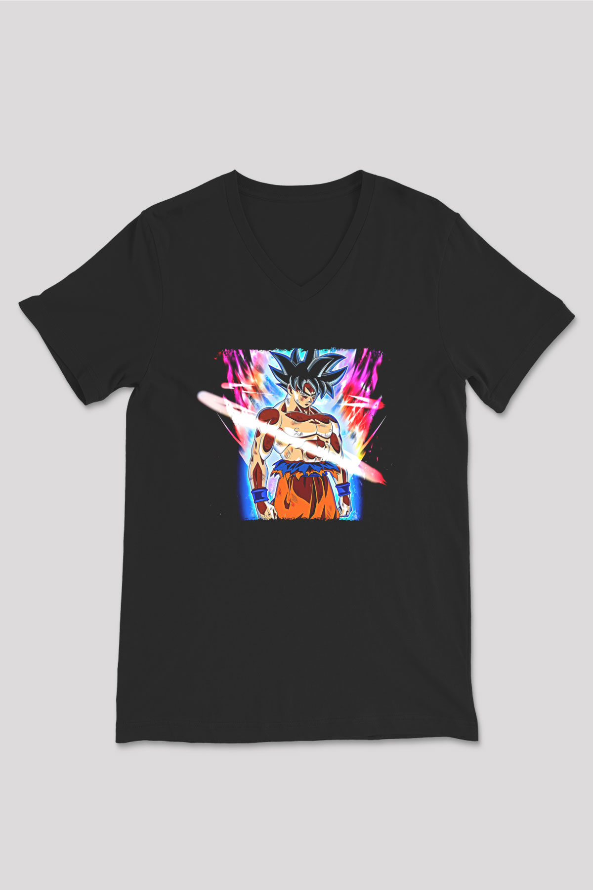 Goku Baskılı Unisex Siyah V Yaka Tişört - Tshirt