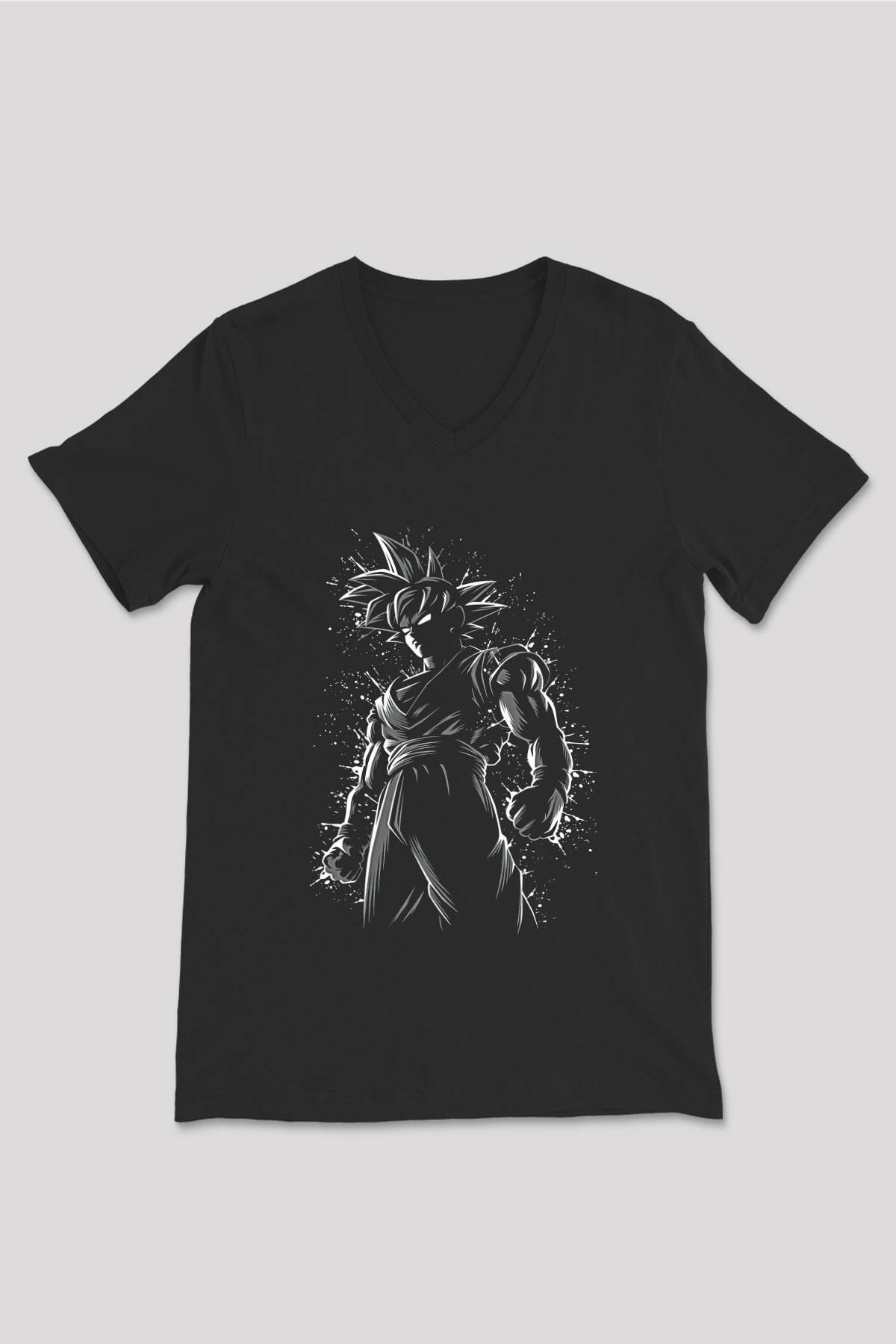 Goku Baskılı Unisex Siyah V Yaka Tişört - Tshirt