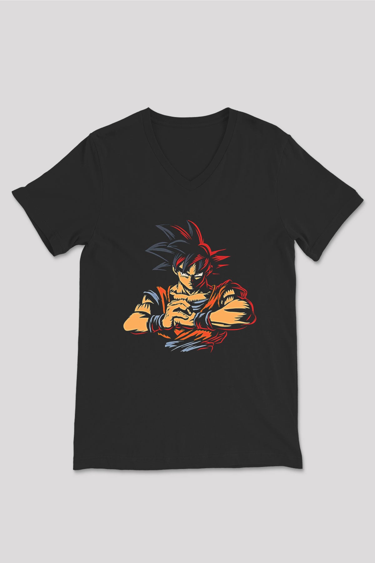 Goku Baskılı Unisex Siyah V Yaka Tişört - Tshirt