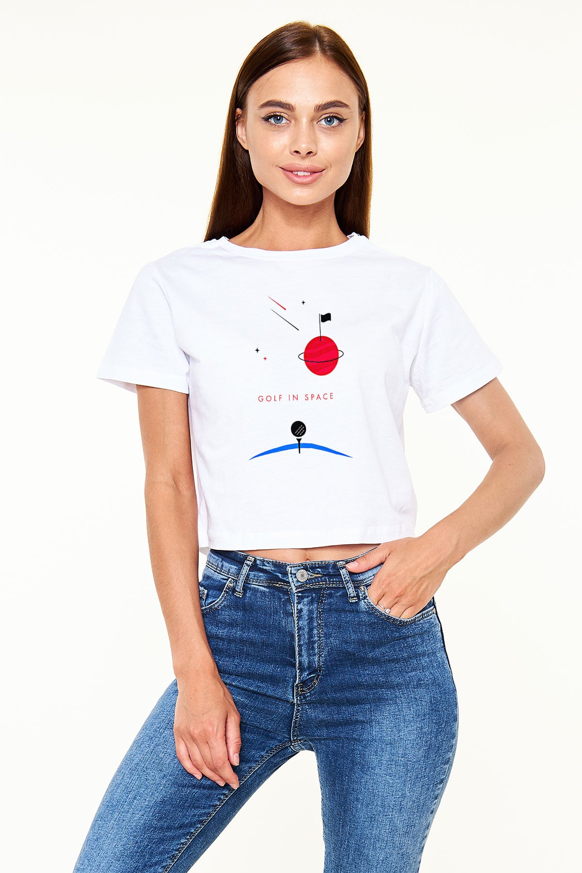 Golf Baskılı Crop Top Beyaz Tişört - T-shirt
