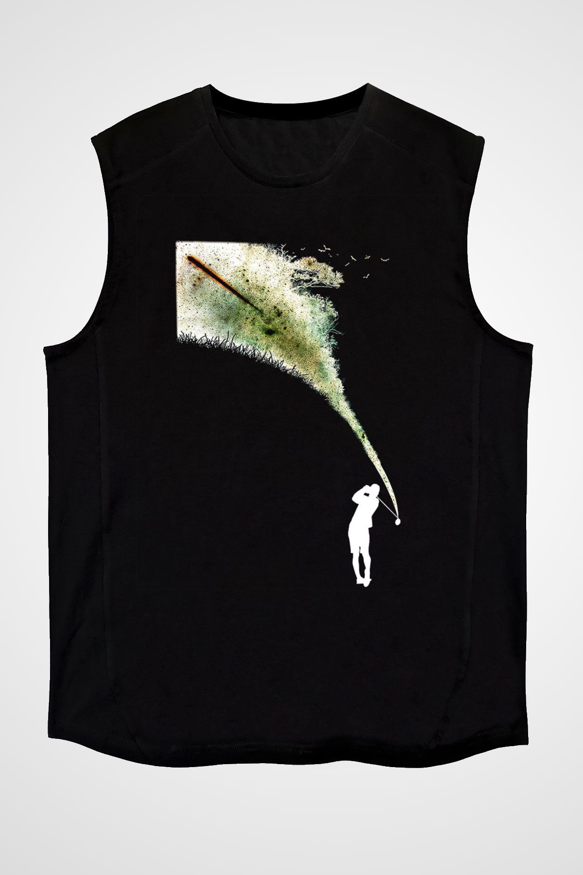 Golf Baskılı Unisex Siyah Kolsuz Tişört