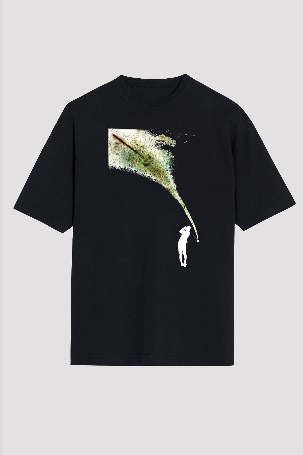 Golf Baskılı Unisex Siyah Oversize Tişört