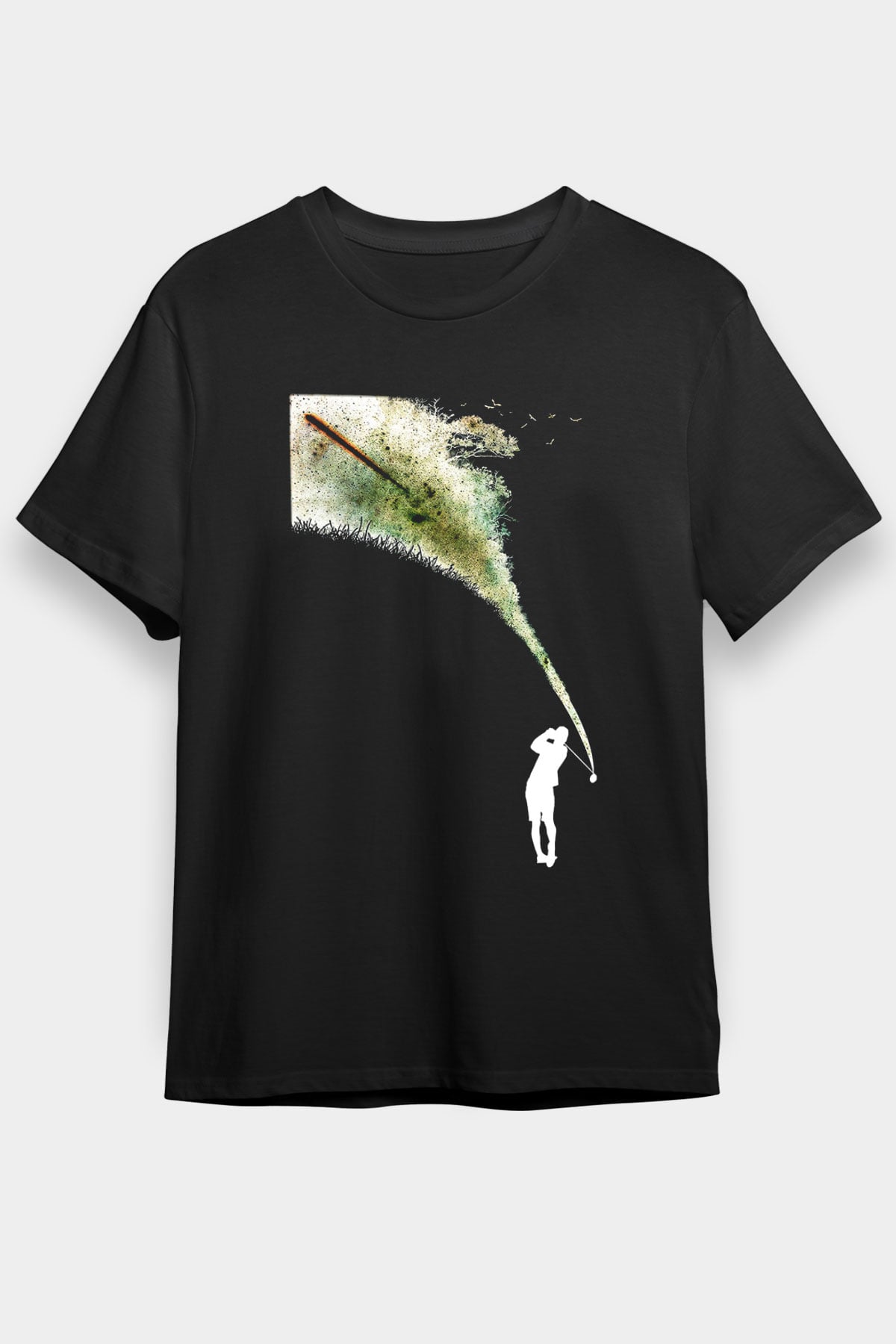 Golf Baskılı Unisex Siyah Tişört - Tshirt