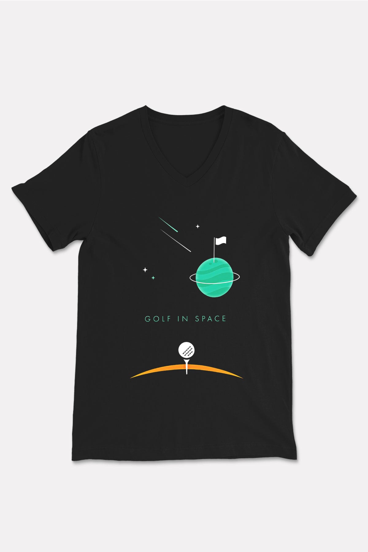 Golf Baskılı Unisex Siyah V Yaka Tişört