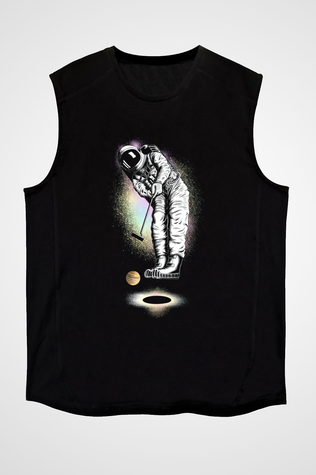Golf Oynayan Astronot Baskılı Unisex Siyah  Kolsuz Tişört