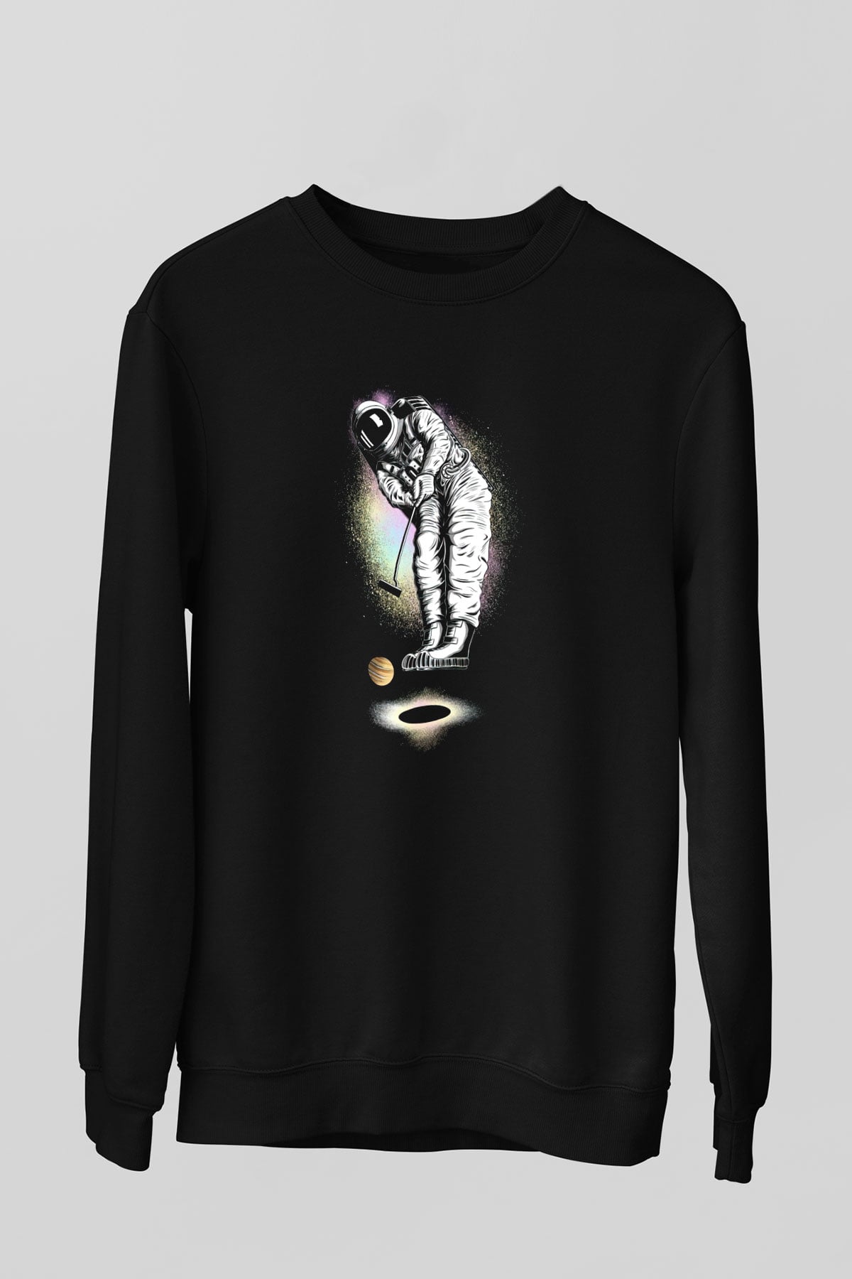 Golf Oynayan Astronot Baskılı Unisex Siyah  Sweatshirt