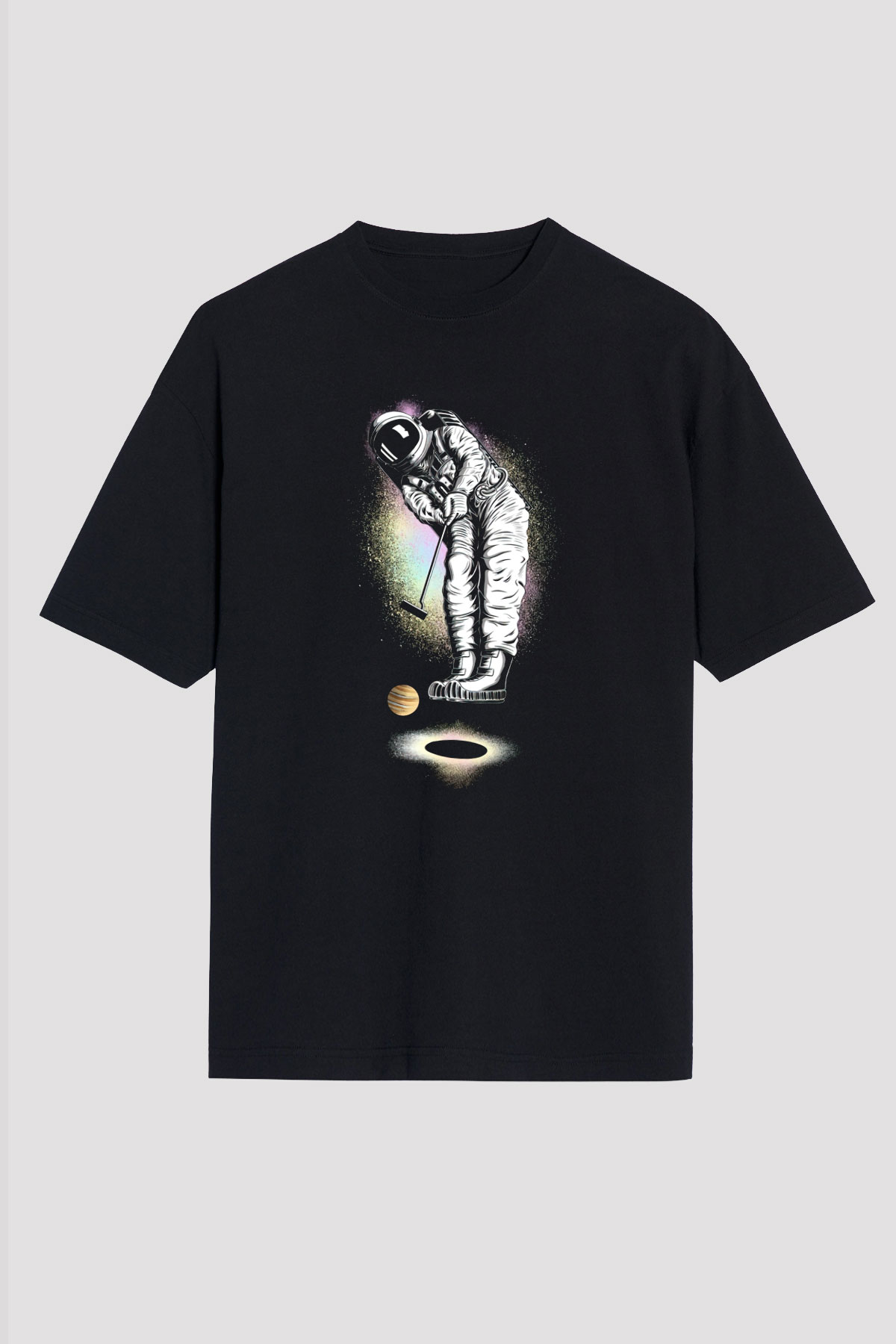 Golf Oynayan Astronot Baskılı Unisex Siyah Tişört