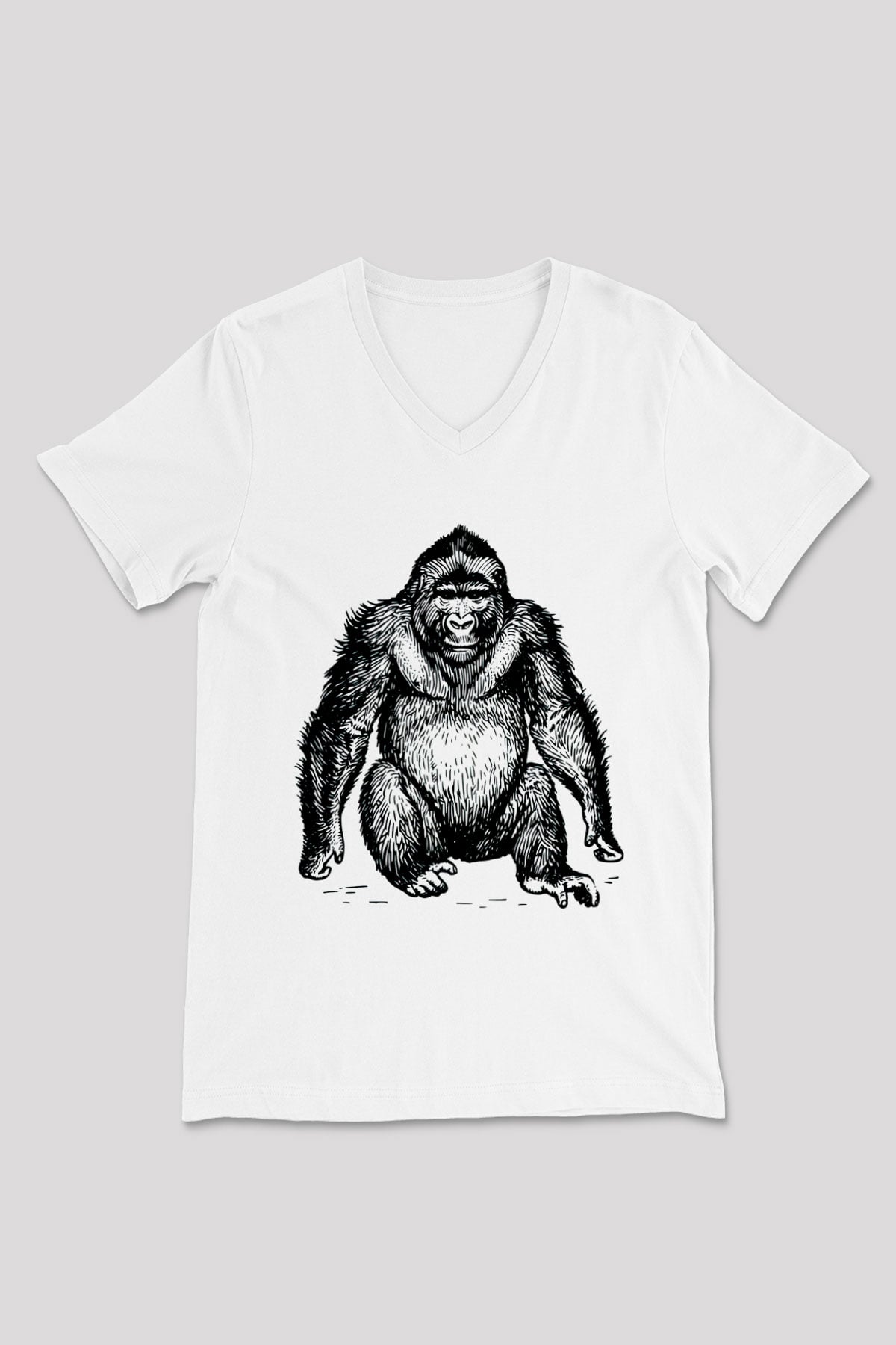 Goril Beyaz Unisex V Yaka Tişört T-Shirt