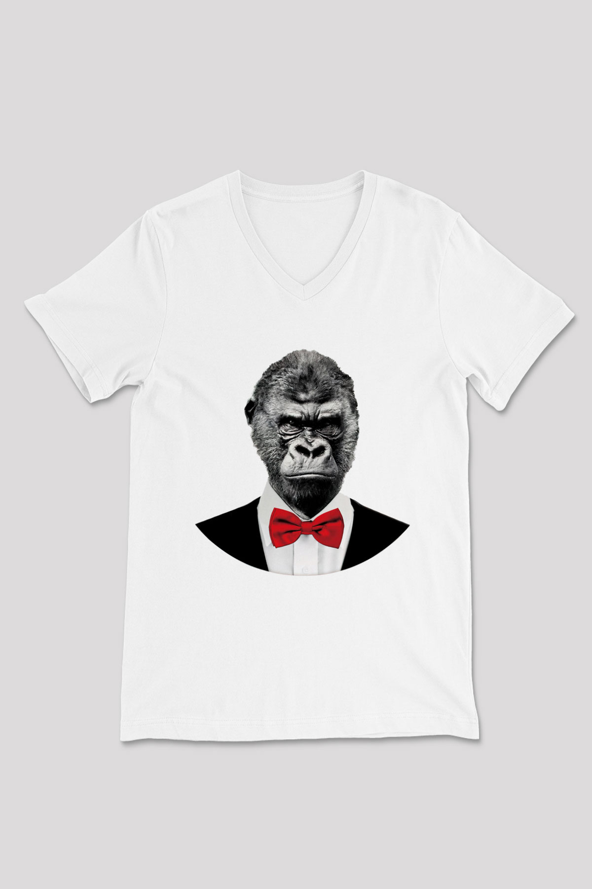 Goril Beyaz Unisex V Yaka Tişört T-Shirt